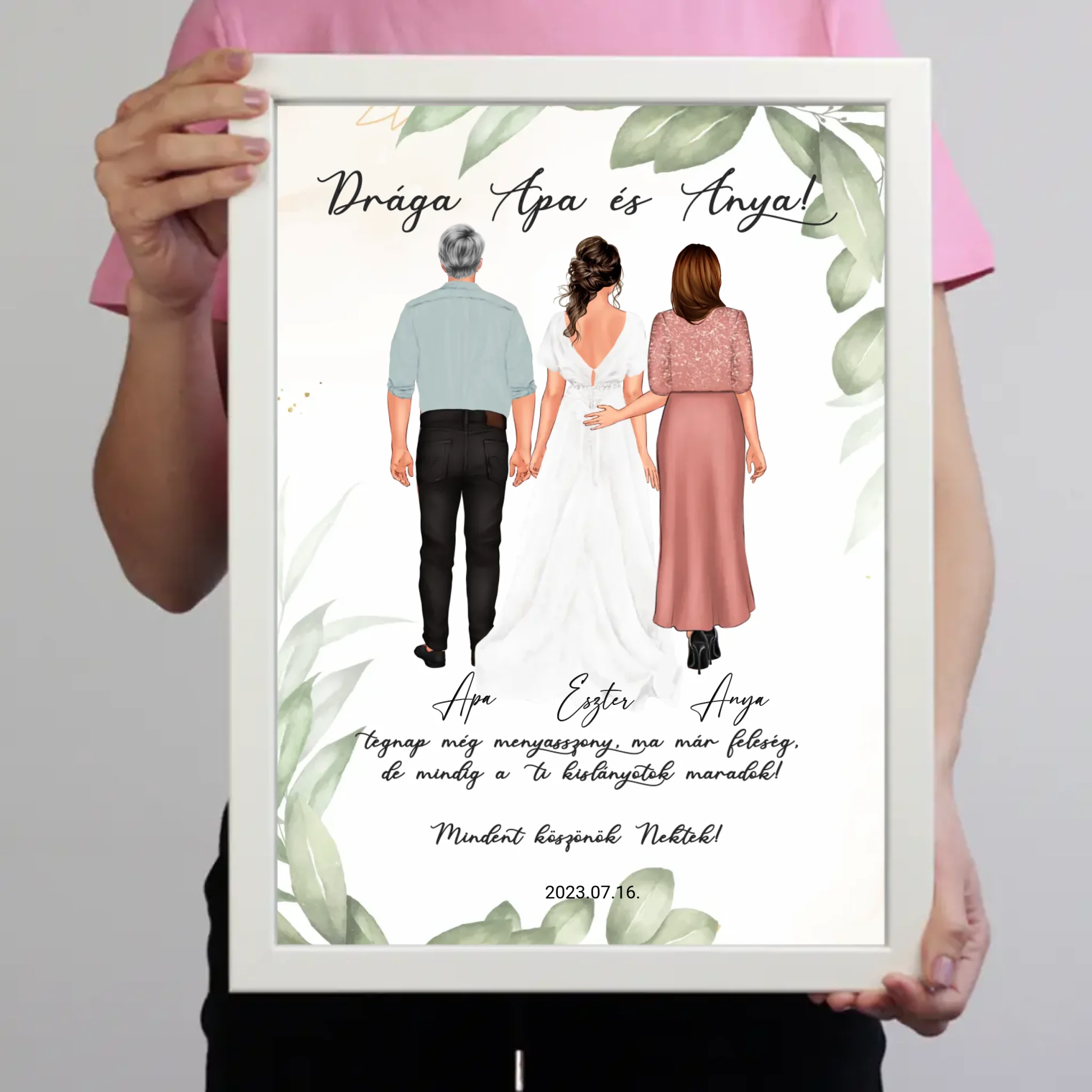 Szerkeszthető karakteres esküvői köszönőajándék falikép szülőknek - lánytól