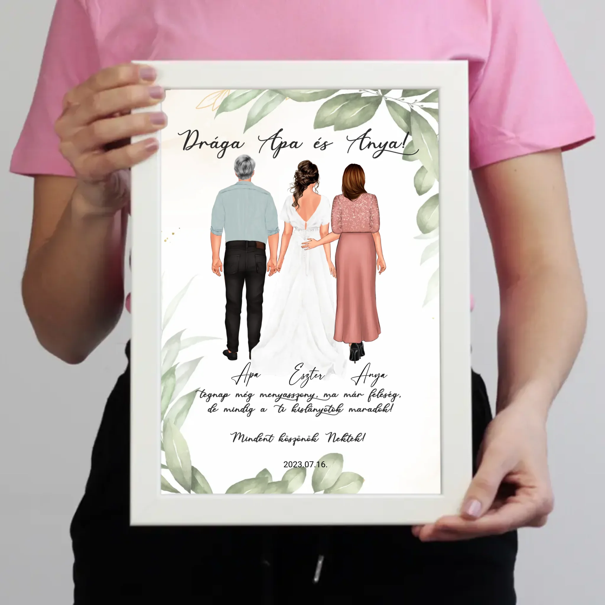 Szerkeszthető karakteres esküvői köszönőajándék falikép szülőknek - lánytól