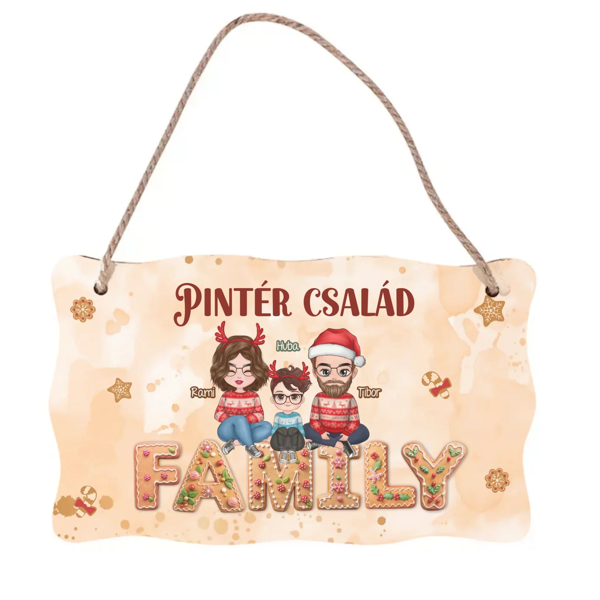 Karácsonyi dísztábla szerkeszthető karakterekkel az egész Családnak