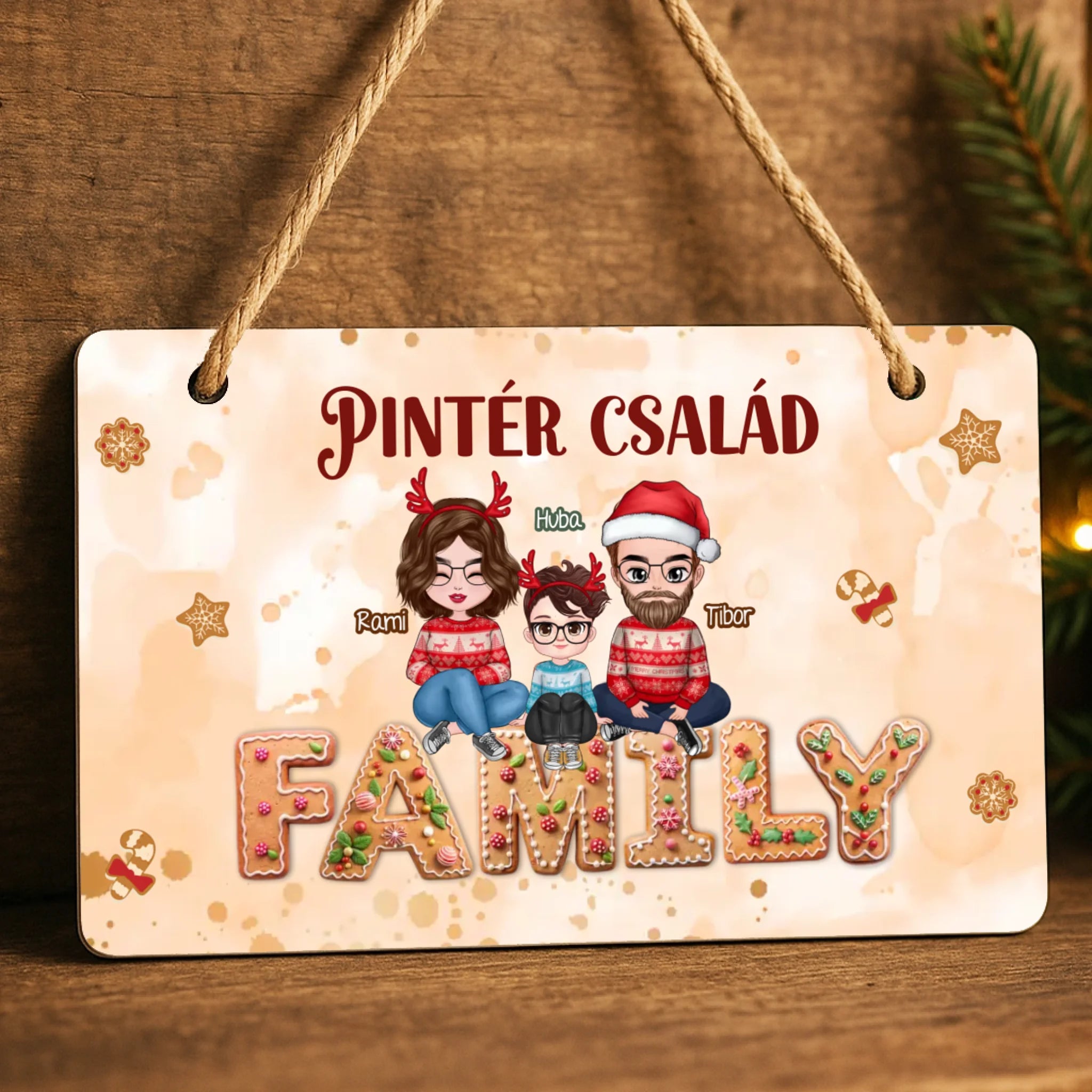 Karácsonyi dísztábla szerkeszthető karakterekkel az egész Családnak
