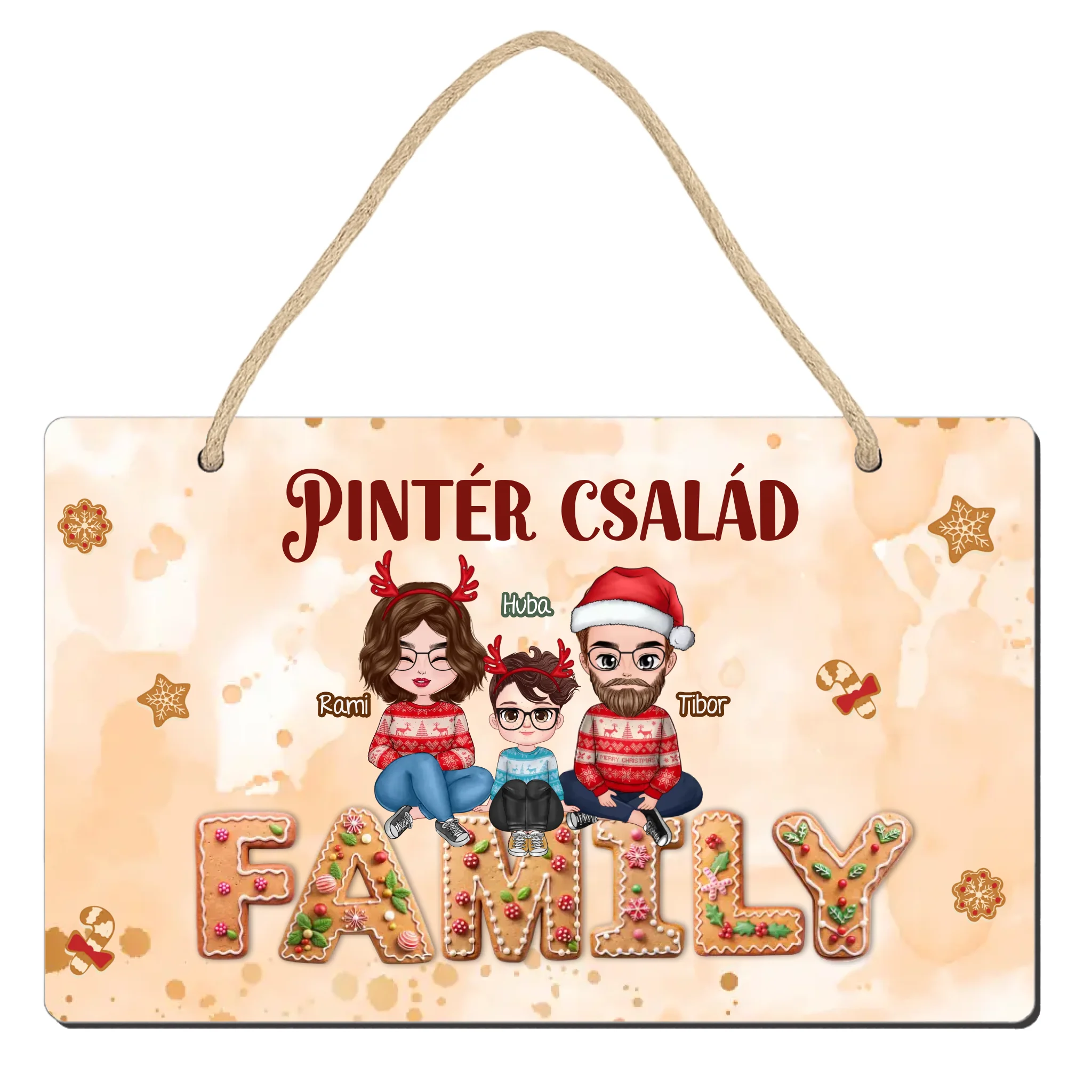 Karácsonyi dísztábla szerkeszthető karakterekkel az egész Családnak