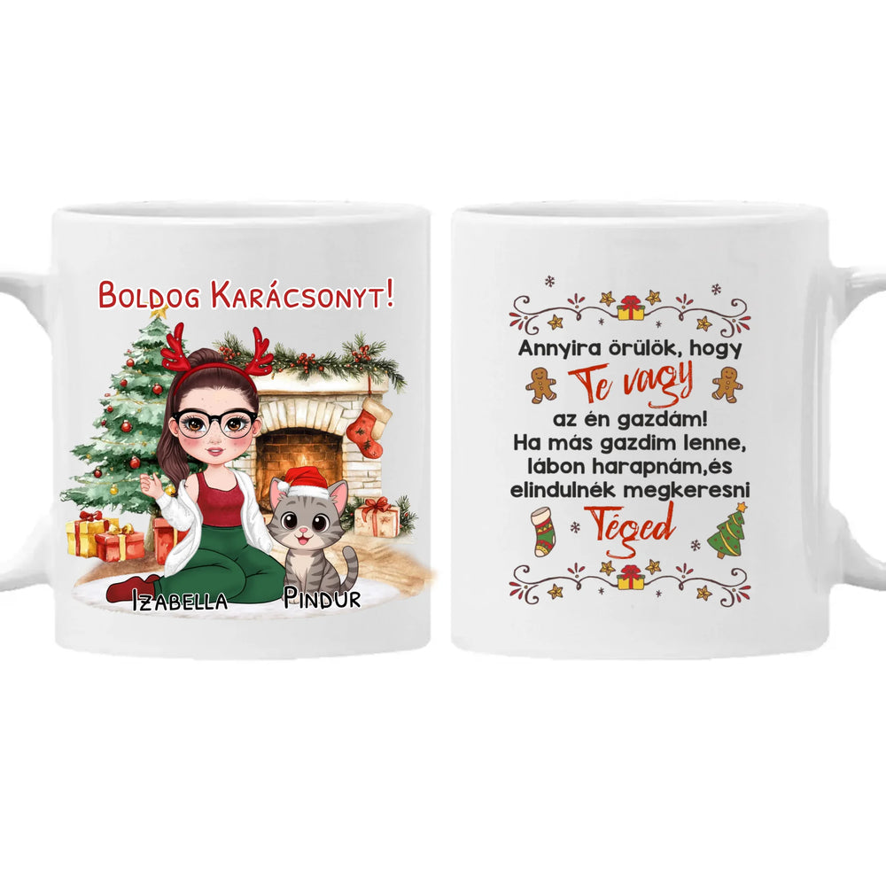 Egyedi karácsonyi bögre macskás gazdiknak - lányos mintával akár 3 macskával