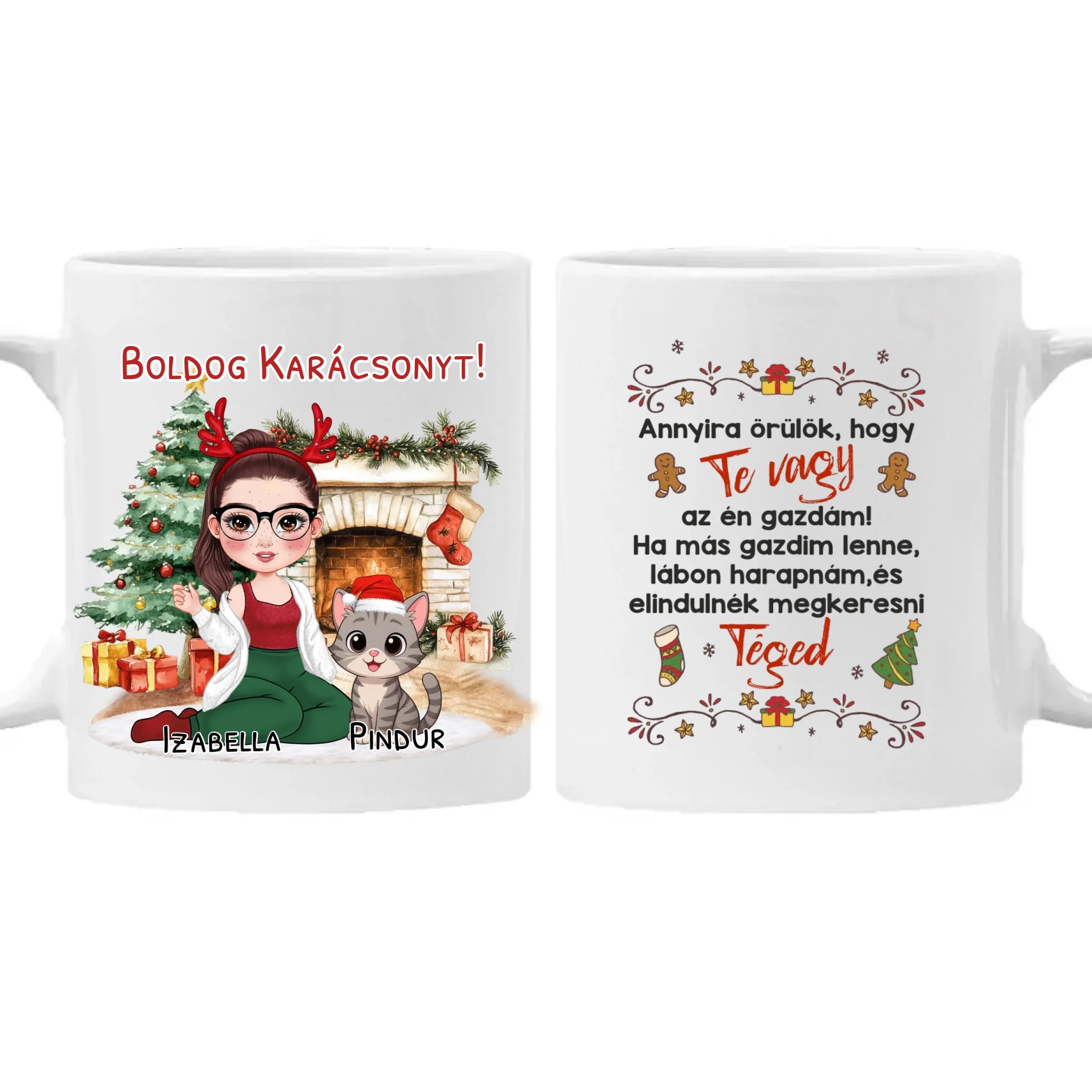 Egyedi karácsonyi bögre macskás gazdiknak - lányos mintával akár 3 macskával