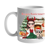 Egyedi karácsonyi bögre macskás gazdiknak - lányos mintával akár 3 macskával