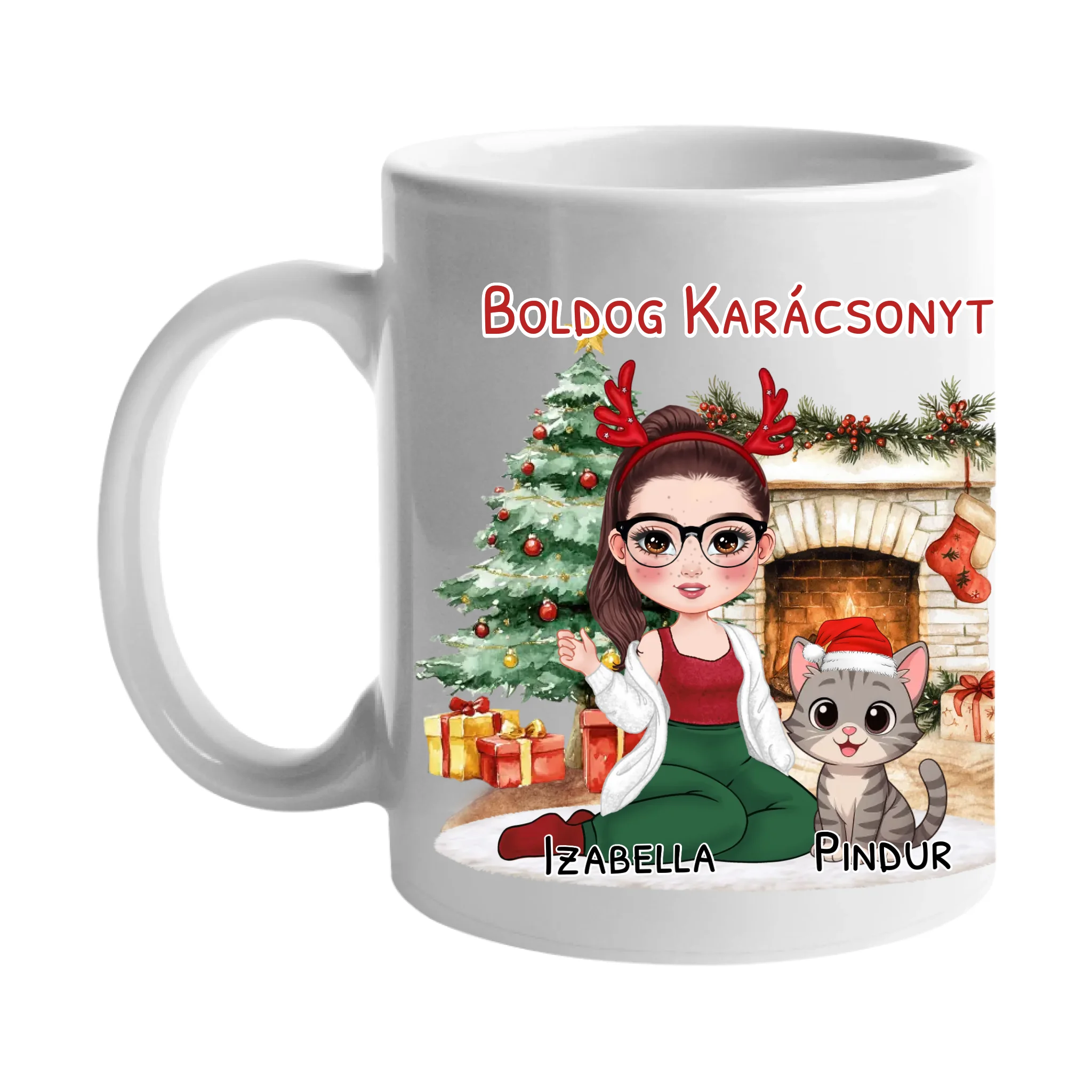 Egyedi karácsonyi bögre macskás gazdiknak - lányos mintával akár 3 macskával