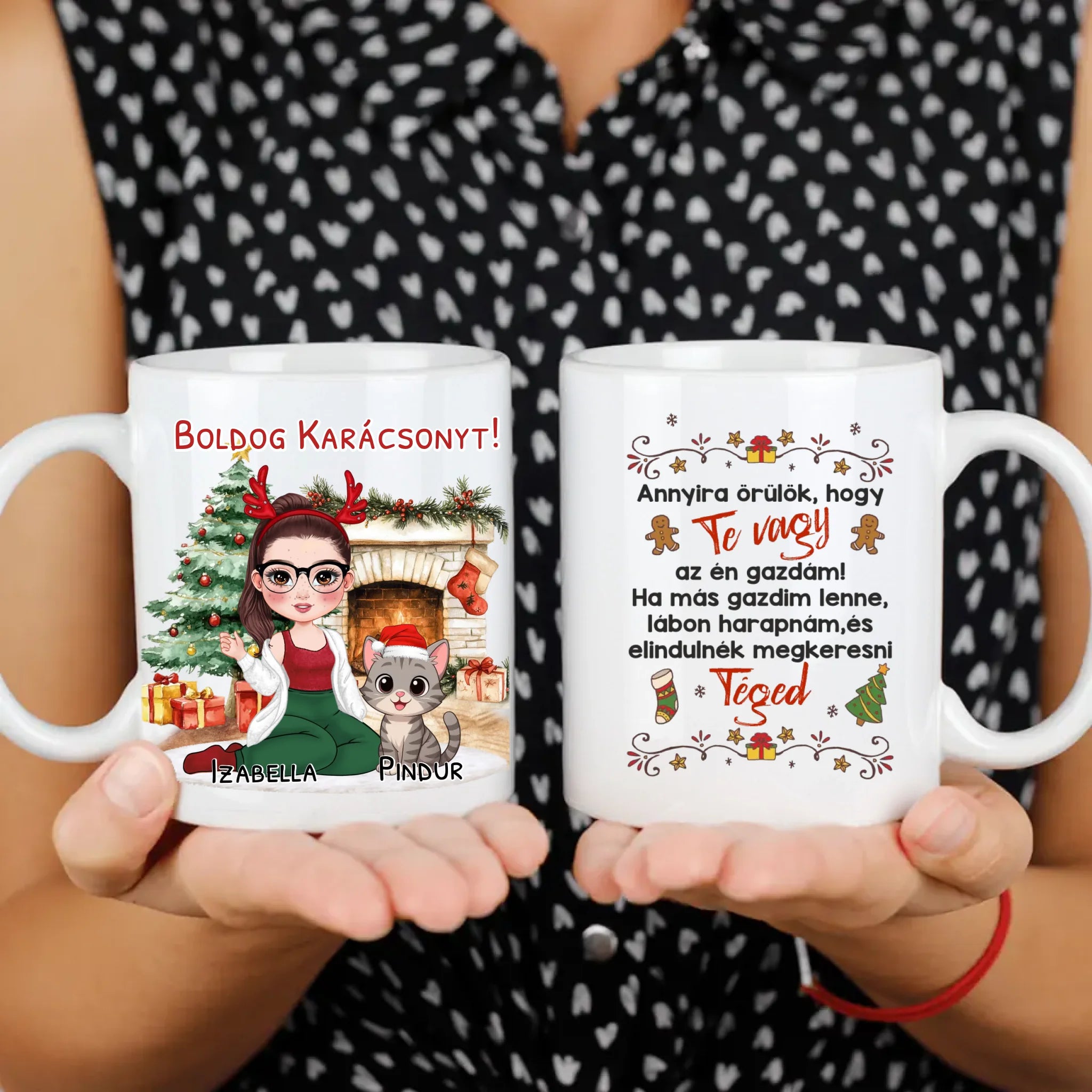 Egyedi karácsonyi bögre macskás gazdiknak - lányos mintával akár 3 macskával