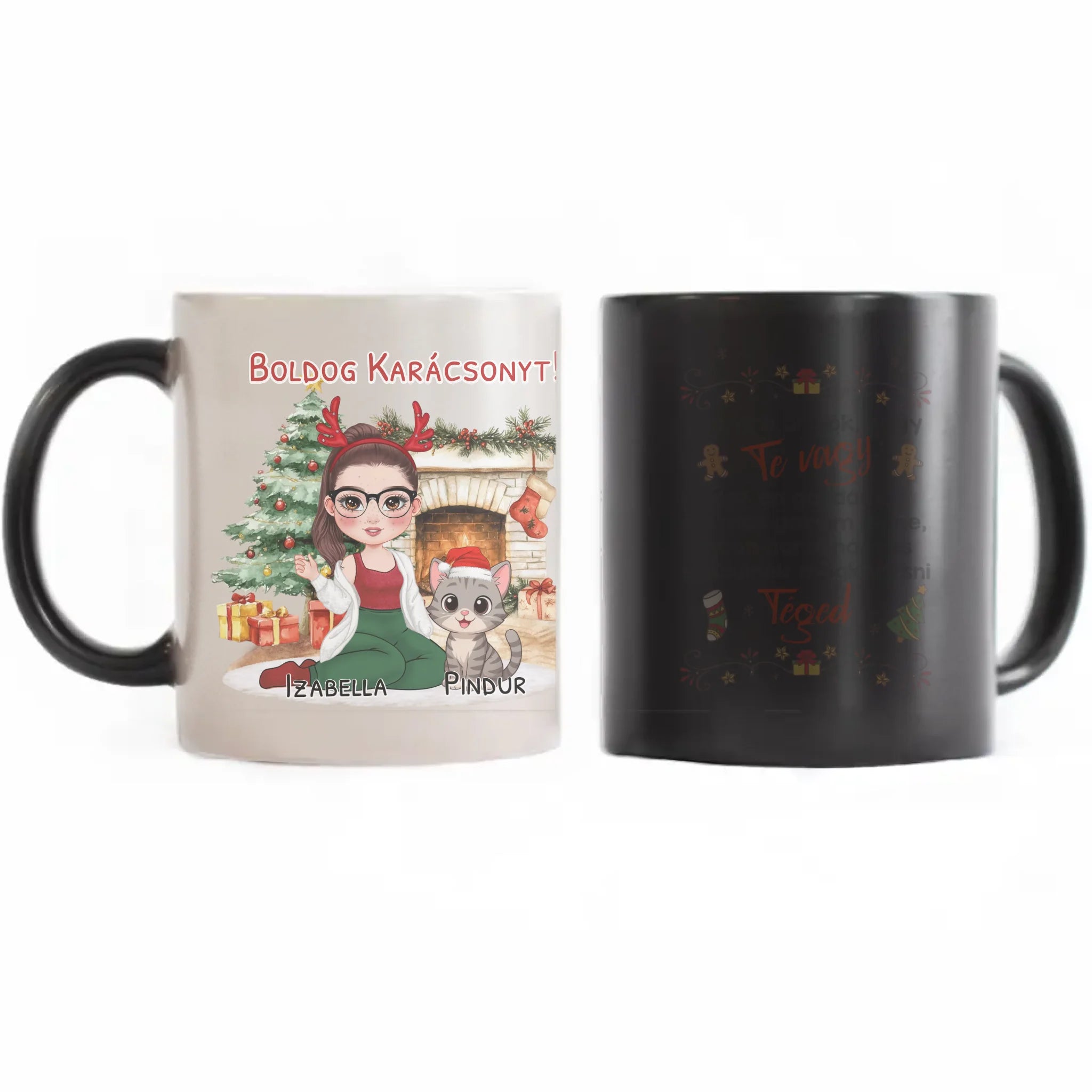 Egyedi karácsonyi bögre macskás gazdiknak - lányos mintával akár 3 macskával