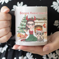 Egyedi karácsonyi bögre macskás gazdiknak - lányos mintával akár 3 macskával