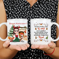 Egyedi karácsonyi bögre kutyás gazdiknak - lányos mintával akár 3 kutyával