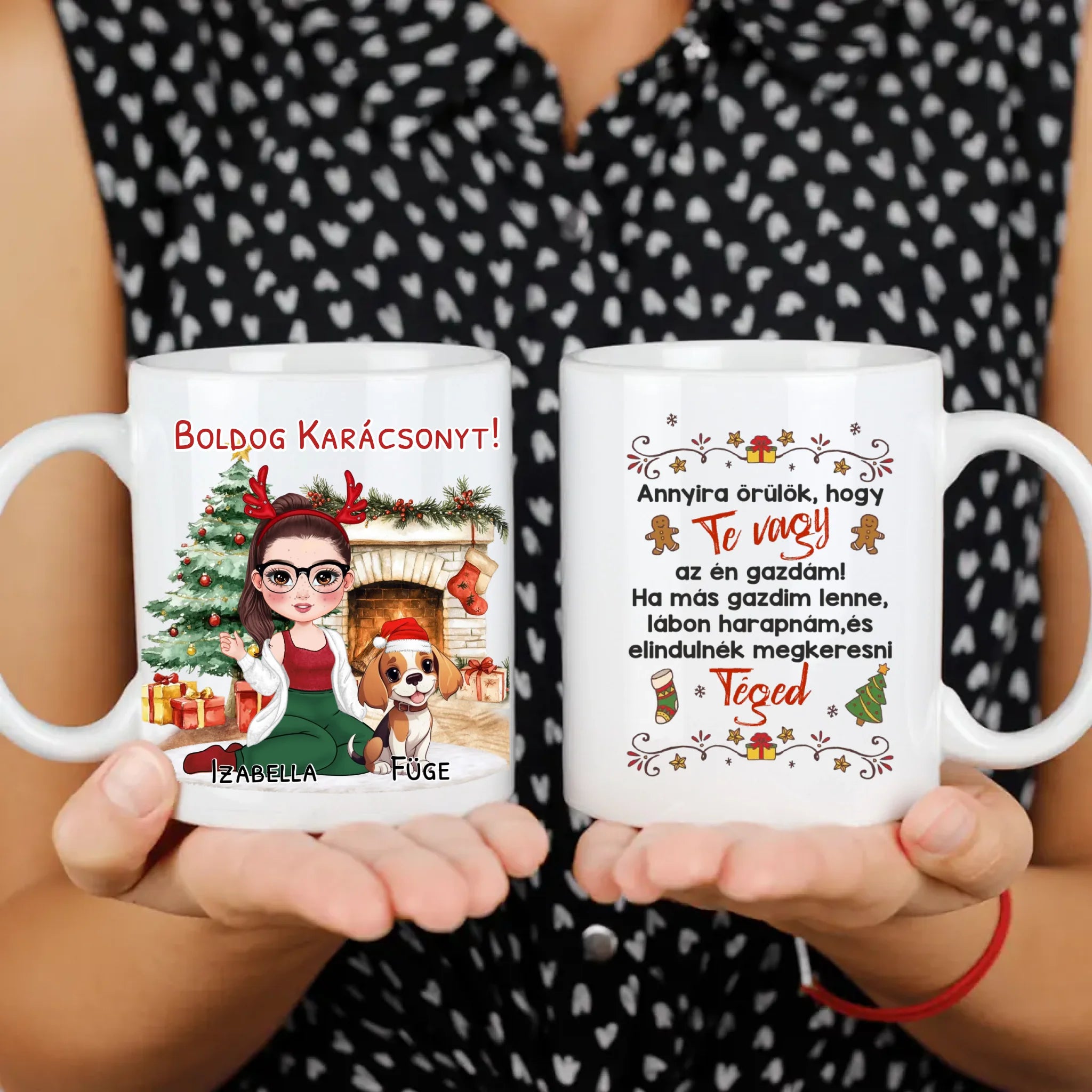 Egyedi karácsonyi bögre kutyás gazdiknak - lányos mintával akár 3 kutyával
