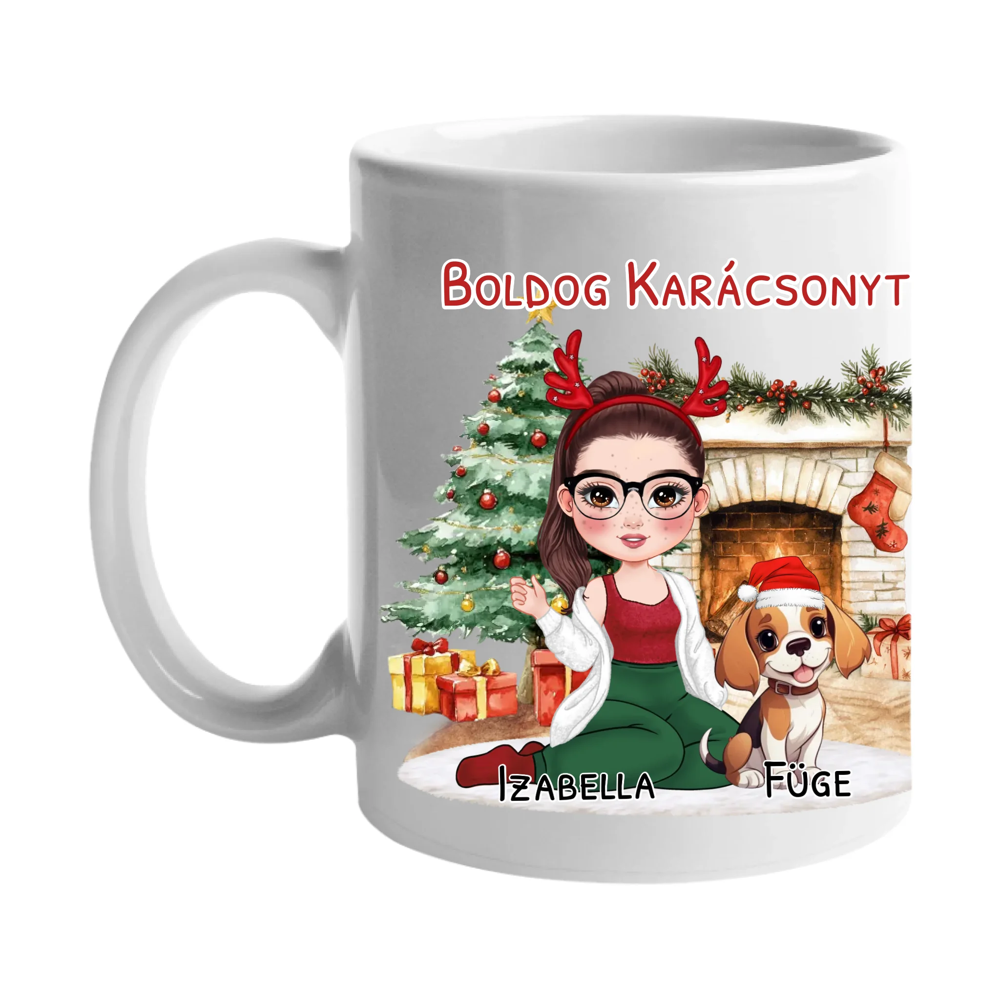 Egyedi karácsonyi bögre kutyás gazdiknak - lányos mintával akár 3 kutyával
