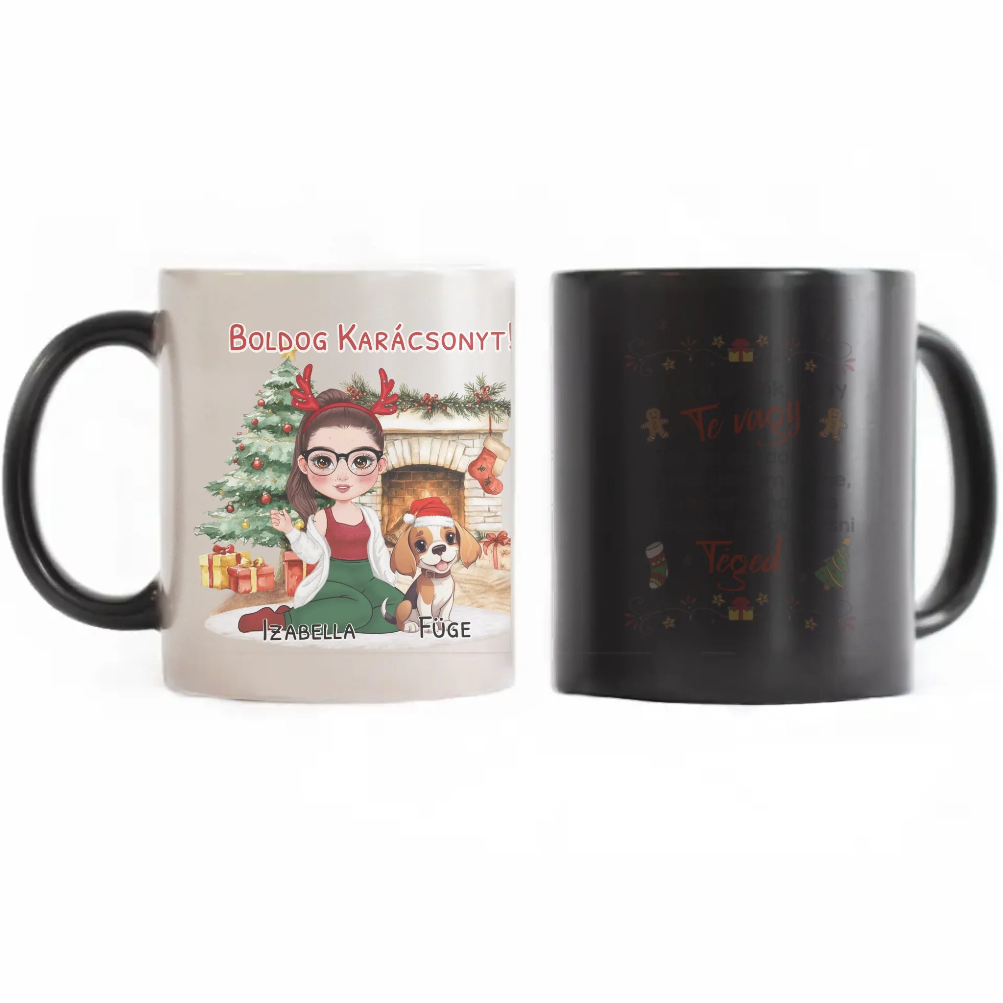 Egyedi karácsonyi bögre kutyás gazdiknak - lányos mintával akár 3 kutyával