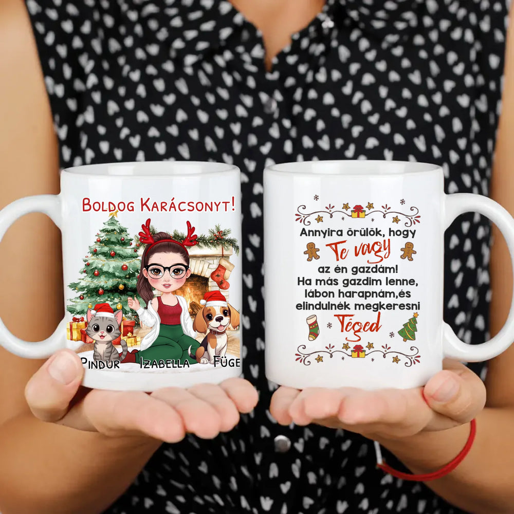 Egyedi karácsonyi bögre gazdiknak - lányos mintával kutyával és macskával