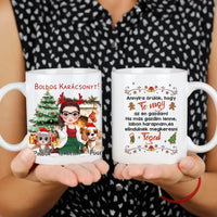 Egyedi karácsonyi bögre gazdiknak - lányos mintával kutyával és macskával