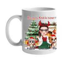 Egyedi karácsonyi bögre gazdiknak - lányos mintával kutyával és macskával