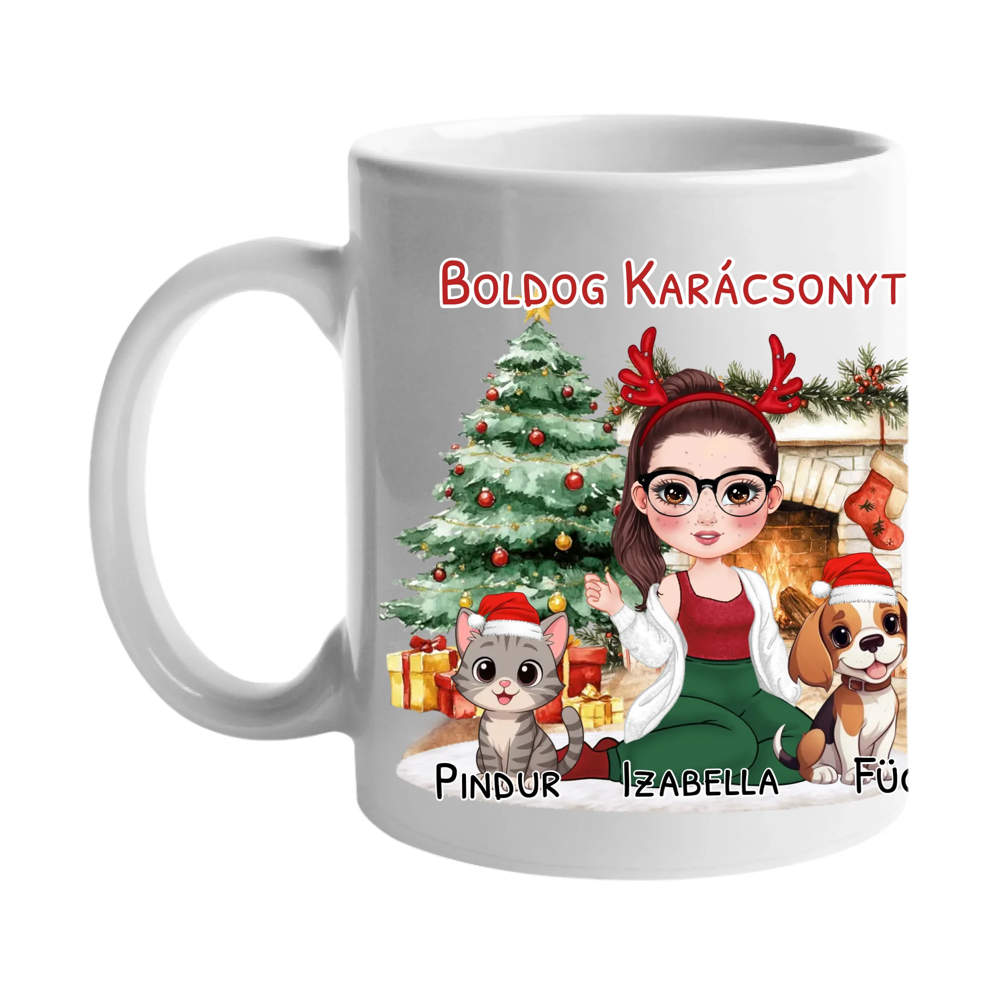 Egyedi karácsonyi bögre gazdiknak - lányos mintával kutyával és macskával