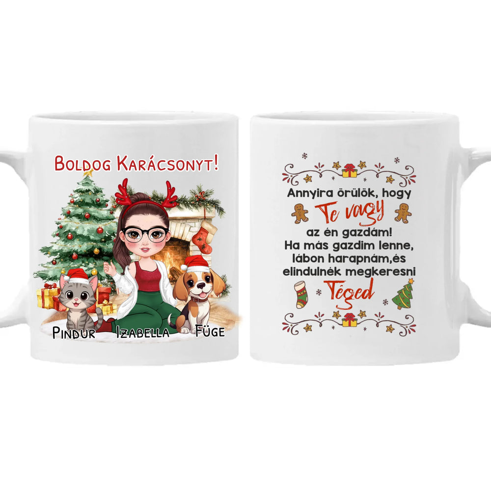 Egyedi karácsonyi bögre gazdiknak - lányos mintával kutyával és macskával