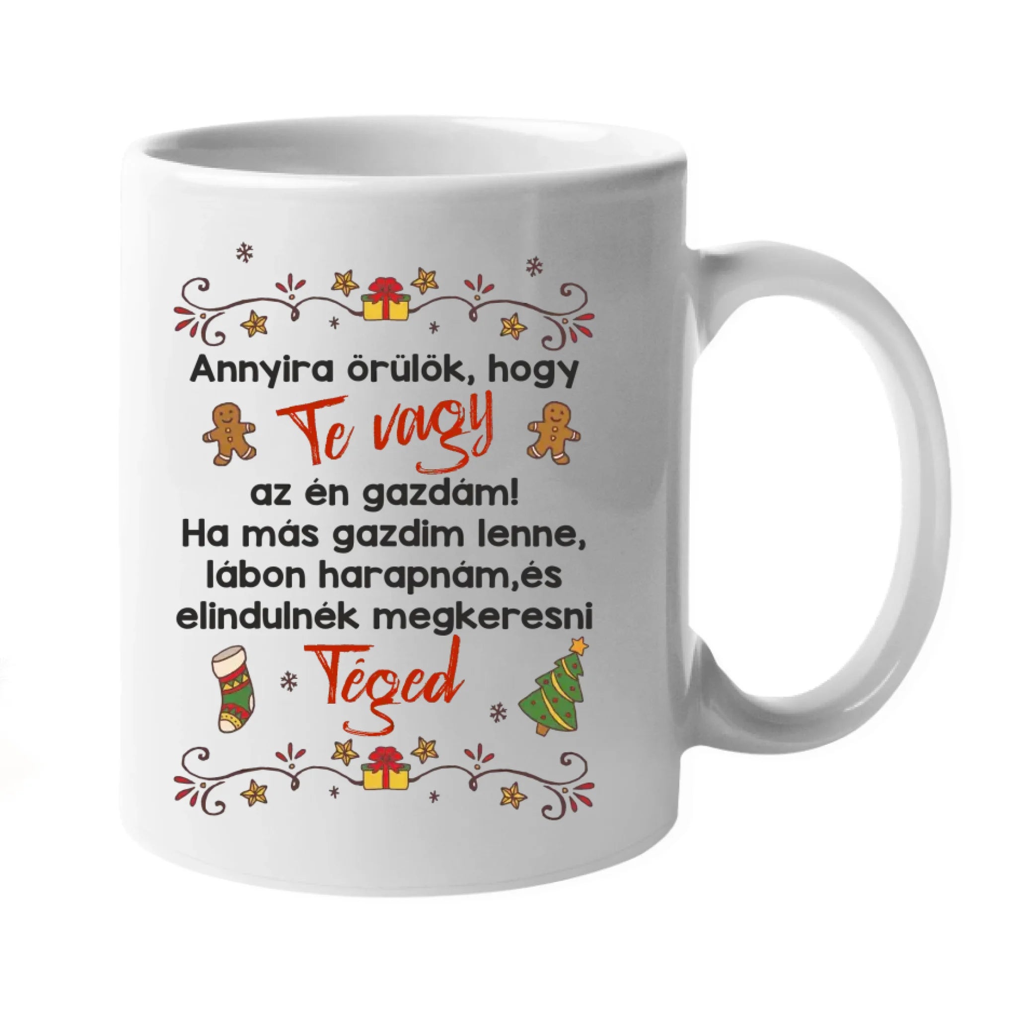 Egyedi karácsonyi bögre gazdiknak - lányos mintával kutyával és macskával