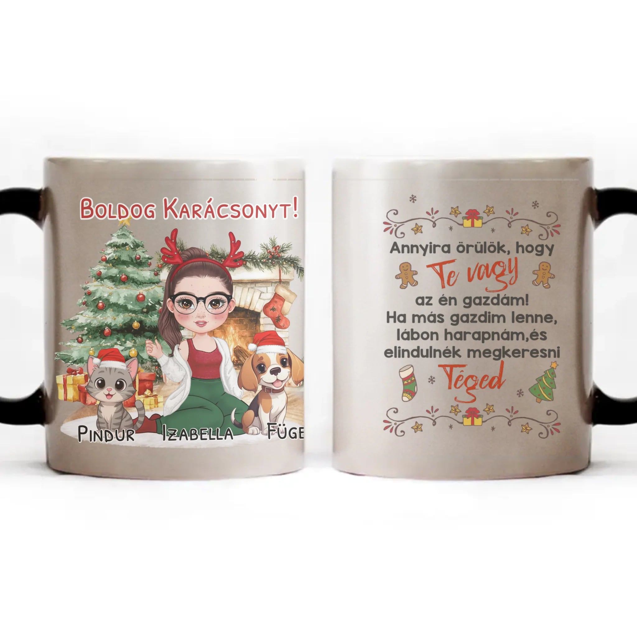 Egyedi karácsonyi bögre gazdiknak - lányos mintával kutyával és macskával