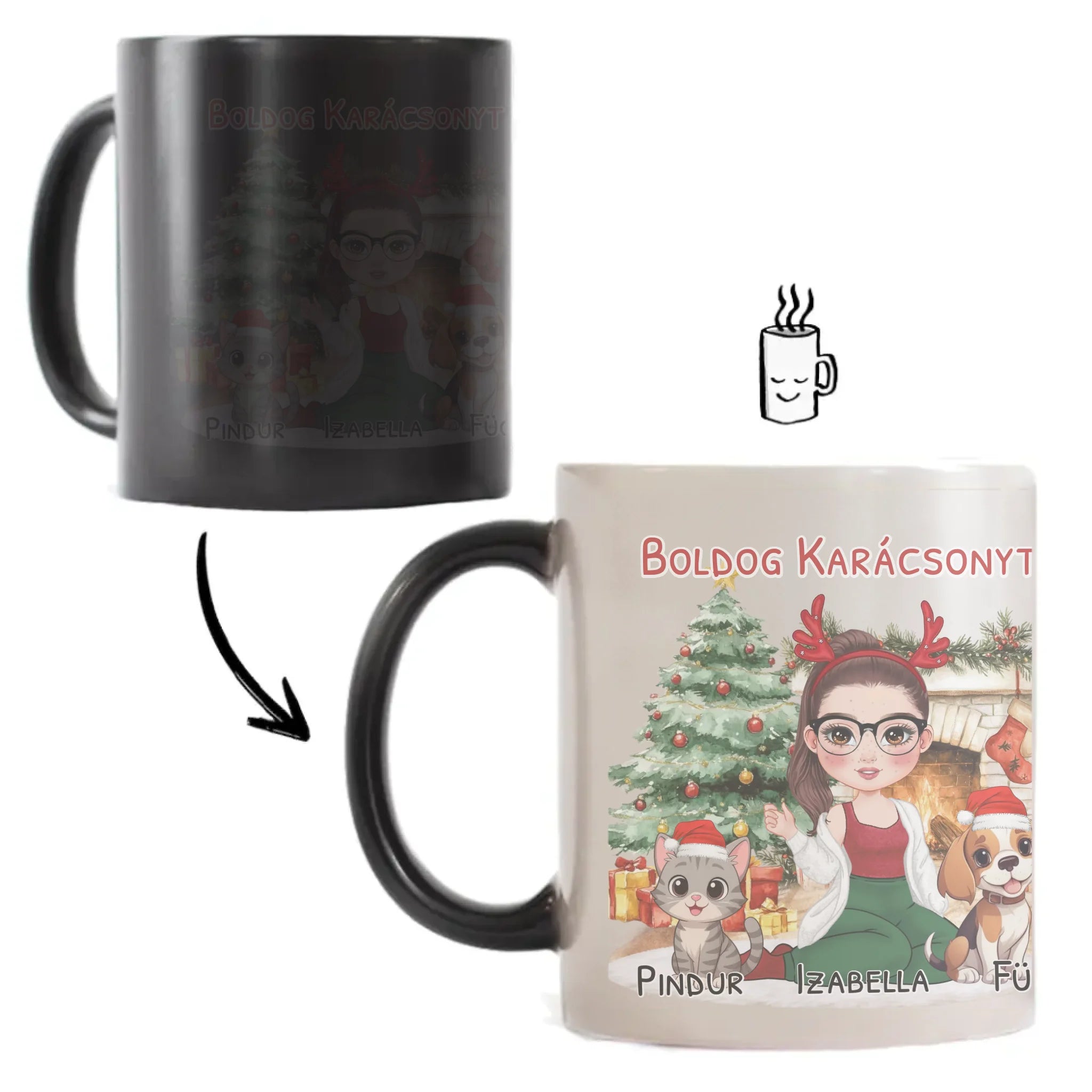 Egyedi karácsonyi bögre gazdiknak - lányos mintával kutyával és macskával