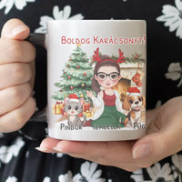 Egyedi karácsonyi bögre gazdiknak - lányos mintával kutyával és macskával