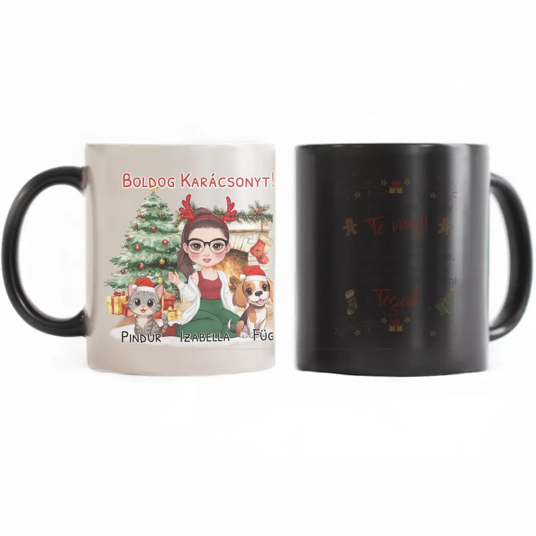 Egyedi karácsonyi bögre gazdiknak - lányos mintával kutyával és macskával