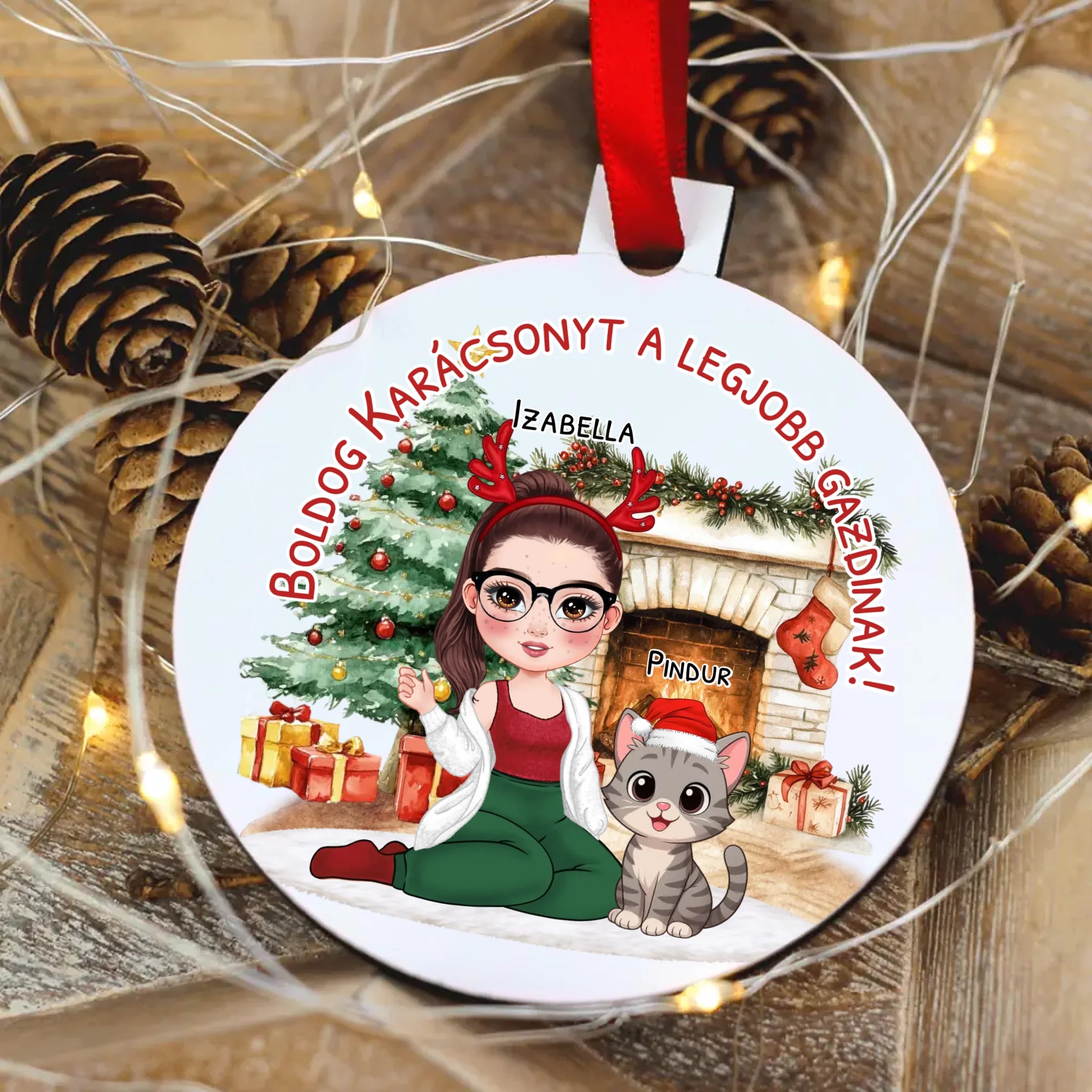 Egyedi karácsonyfadísz gazdiknak - lányos mintával akár 3 macskával