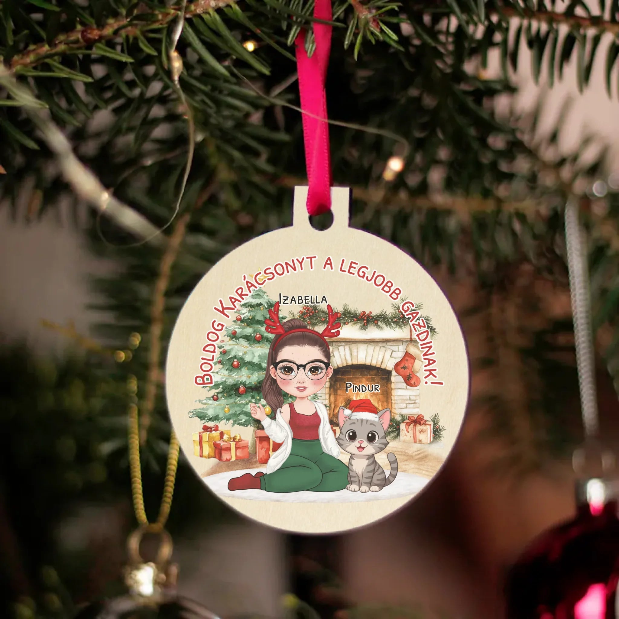 Egyedi karácsonyfadísz gazdiknak - lányos mintával akár 3 macskával
