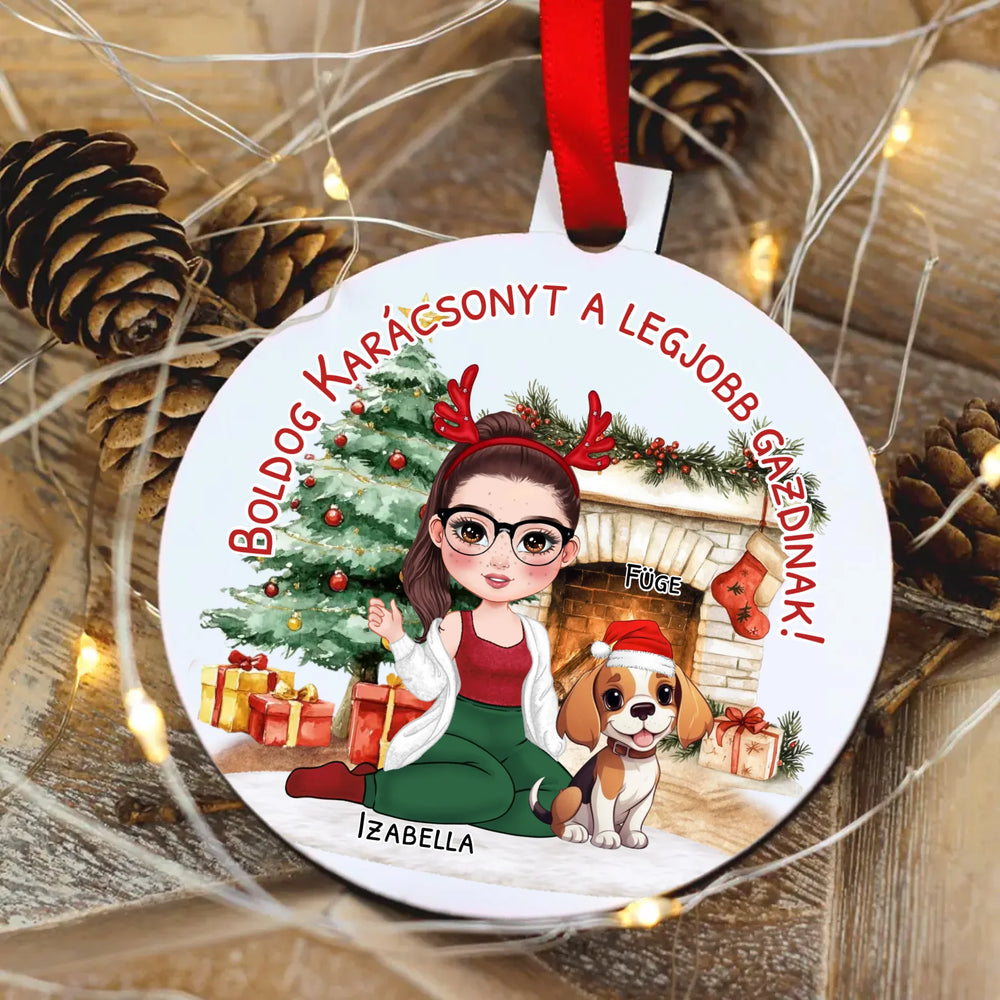 Egyedi karácsonyfadísz gazdiknak - lányos mintával akár 3 kutyával