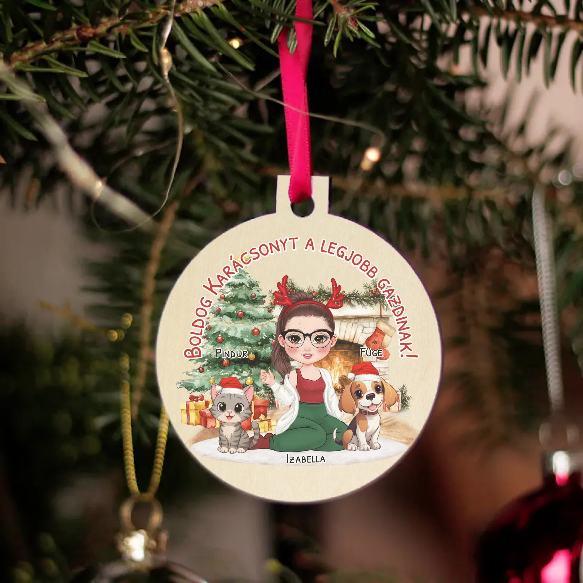 Egyedi karácsonyfadísz gazdiknak - lányos mintával akár kutyával és macskával