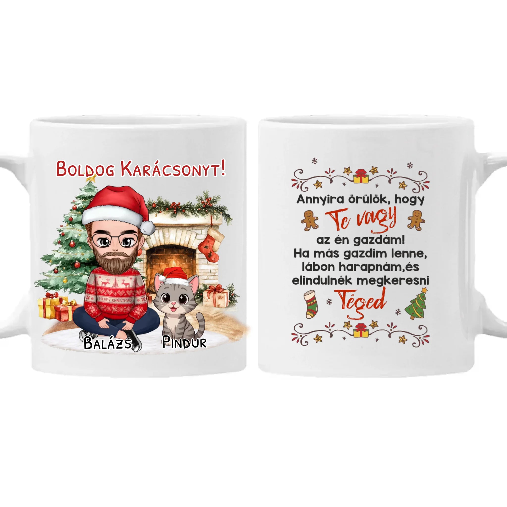 Egyedi karácsonyi bögre macskás gazdiknak - fiús mintával akár 3 macskával