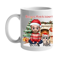 Egyedi karácsonyi bögre macskás gazdiknak - fiús mintával akár 3 macskával