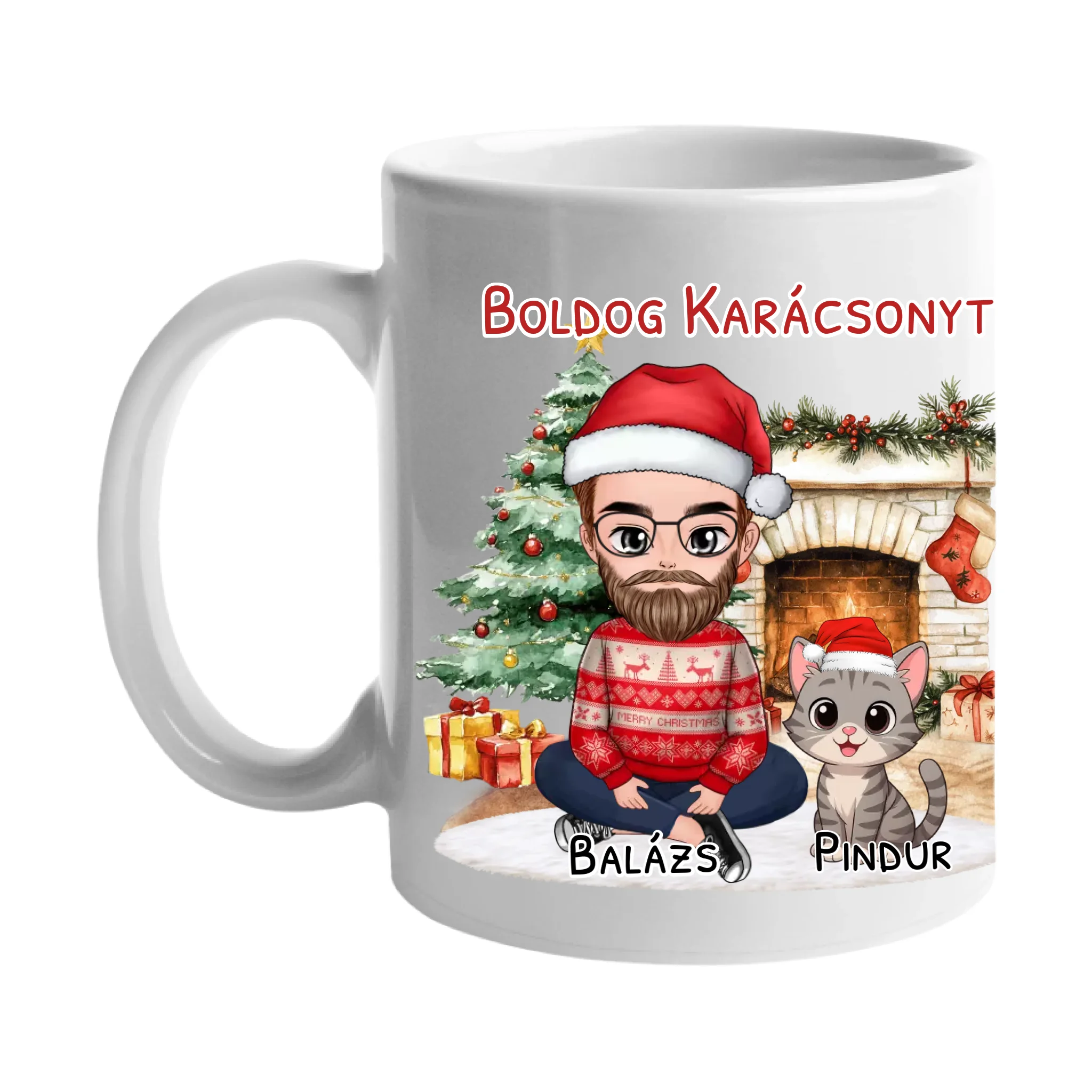 Egyedi karácsonyi bögre macskás gazdiknak - fiús mintával akár 3 macskával