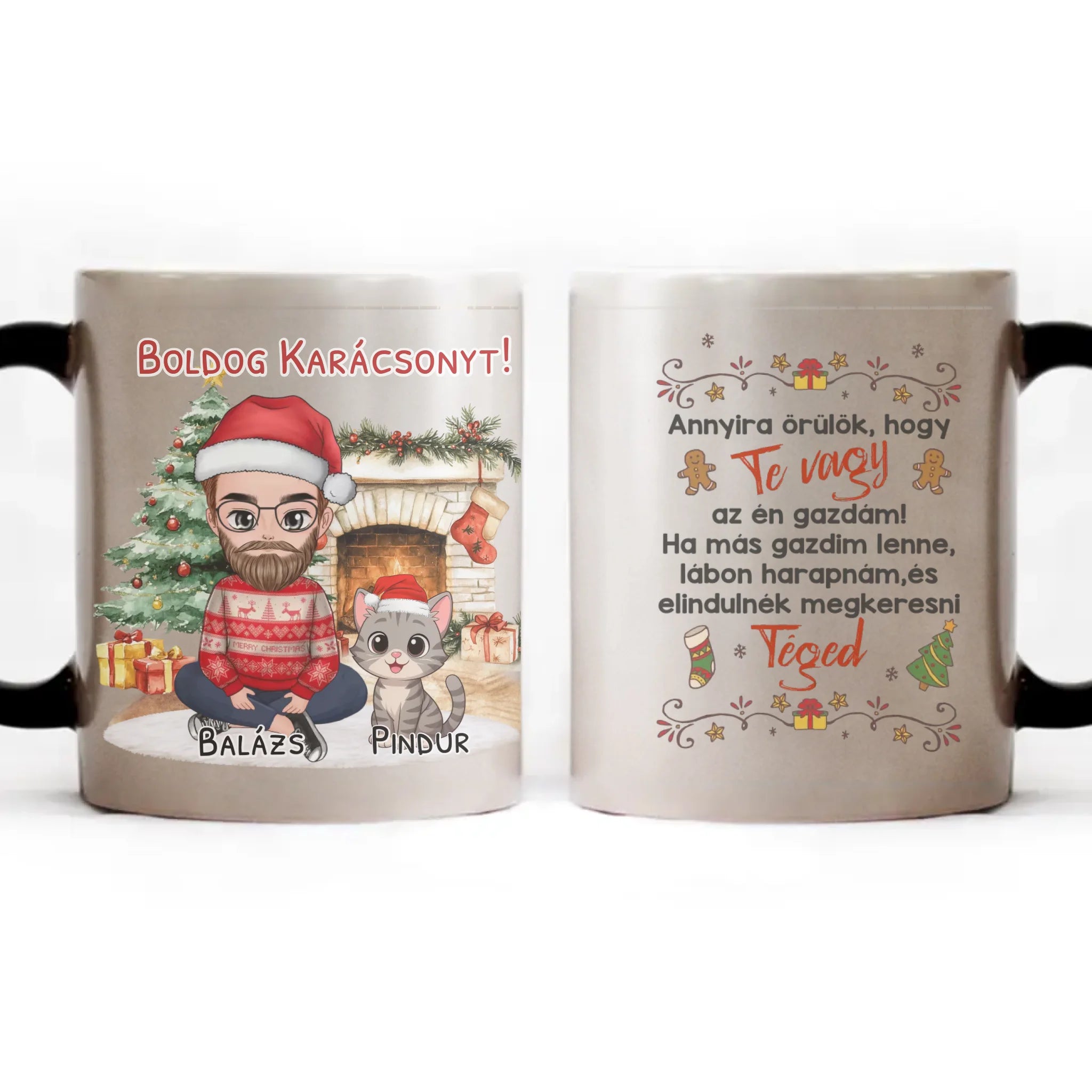 Egyedi karácsonyi bögre macskás gazdiknak - fiús mintával kutyával és macskával
