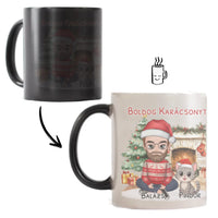 Egyedi karácsonyi bögre macskás gazdiknak - fiús mintával kutyával és macskával