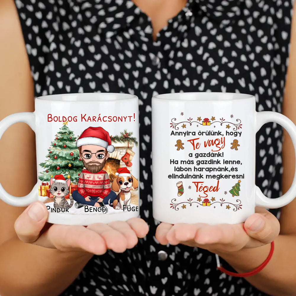 Egyedi karácsonyi bögre macskás gazdiknak - fiús mintával kutyával és macskával