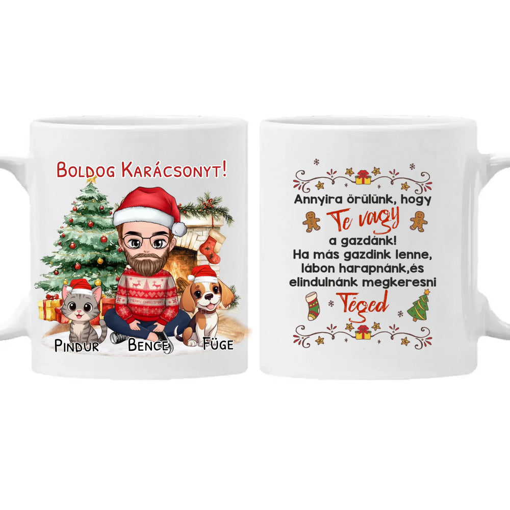 Egyedi karácsonyi bögre macskás gazdiknak - fiús mintával kutyával és macskával