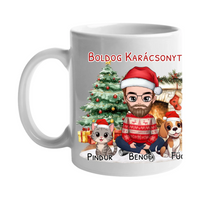 Egyedi karácsonyi bögre macskás gazdiknak - fiús mintával kutyával és macskával