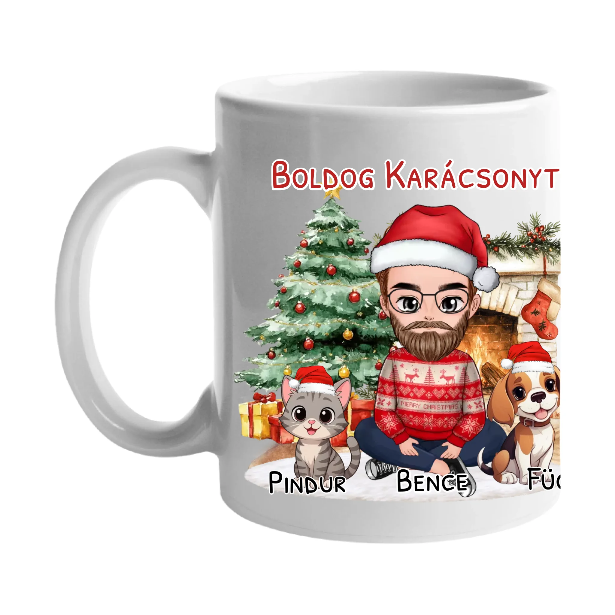 Egyedi karácsonyi bögre macskás gazdiknak - fiús mintával kutyával és macskával
