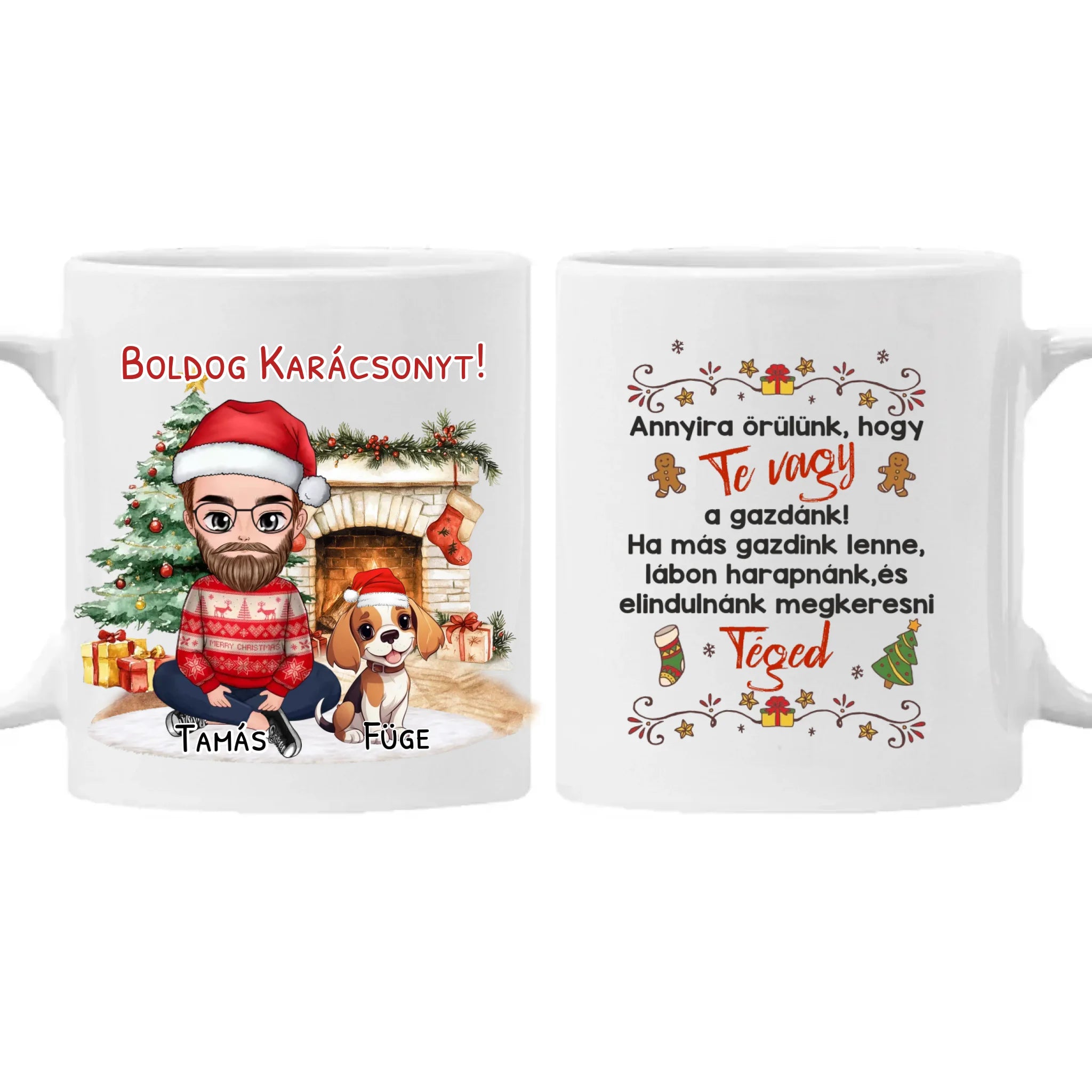 Egyedi karácsonyi bögre kutyás gazdiknak - fiús mintával akár 3 kutyával