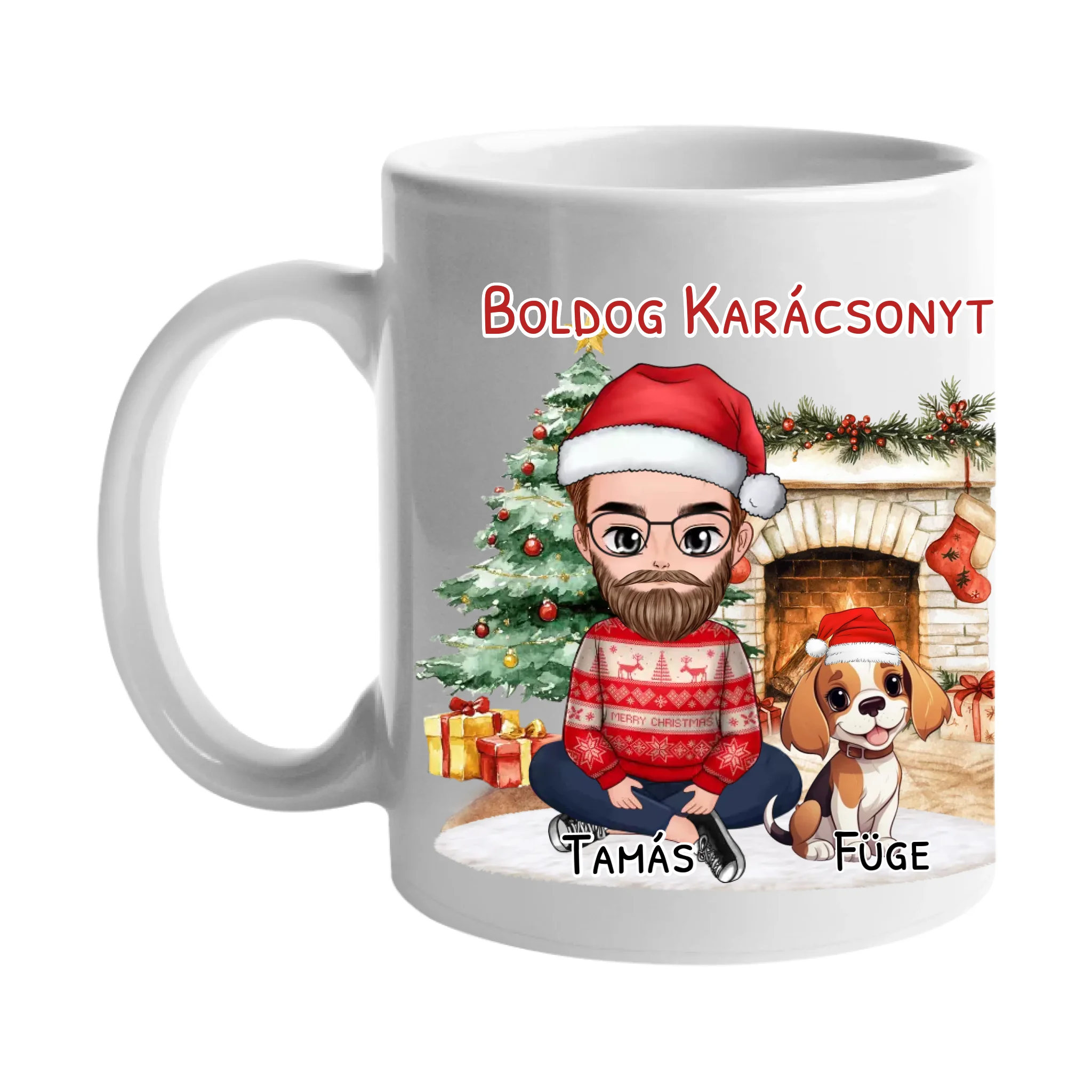 Egyedi karácsonyi bögre kutyás gazdiknak - fiús mintával akár 3 kutyával