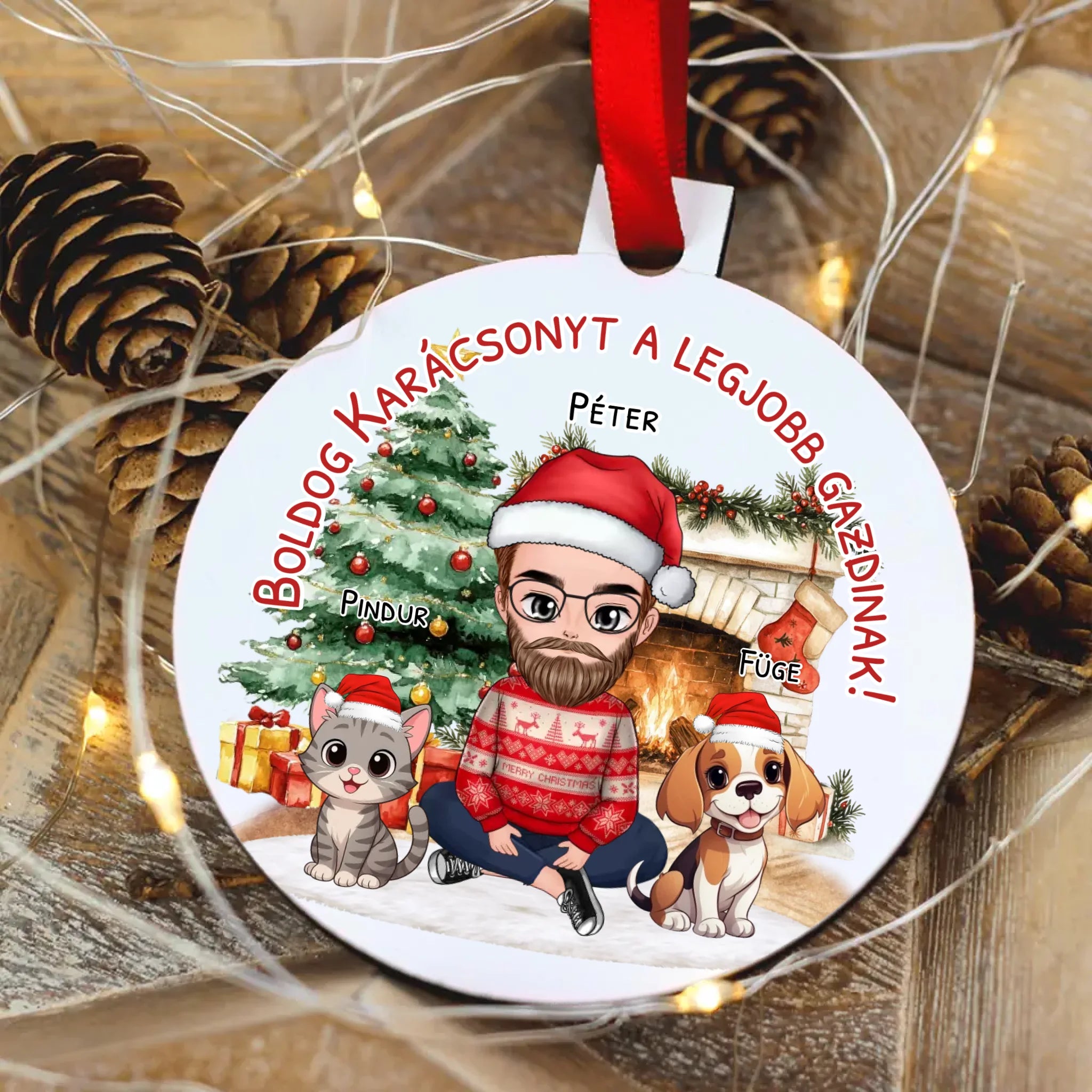 Egyedi karácsonyfadísz gazdiknak - fiús mintával kutyával és macskával