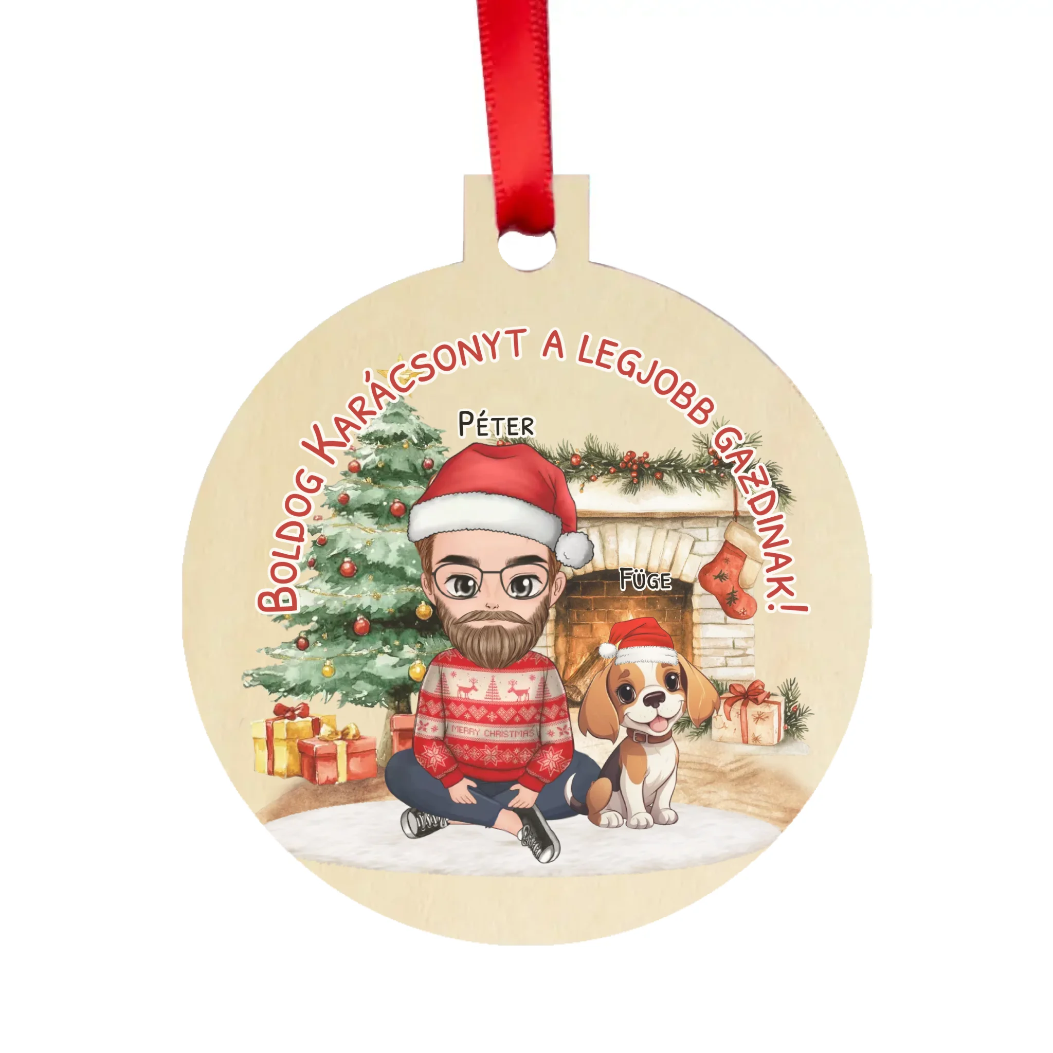 Egyedi karácsonyfadísz gazdiknak - fiús mintával akár 3 kutyával