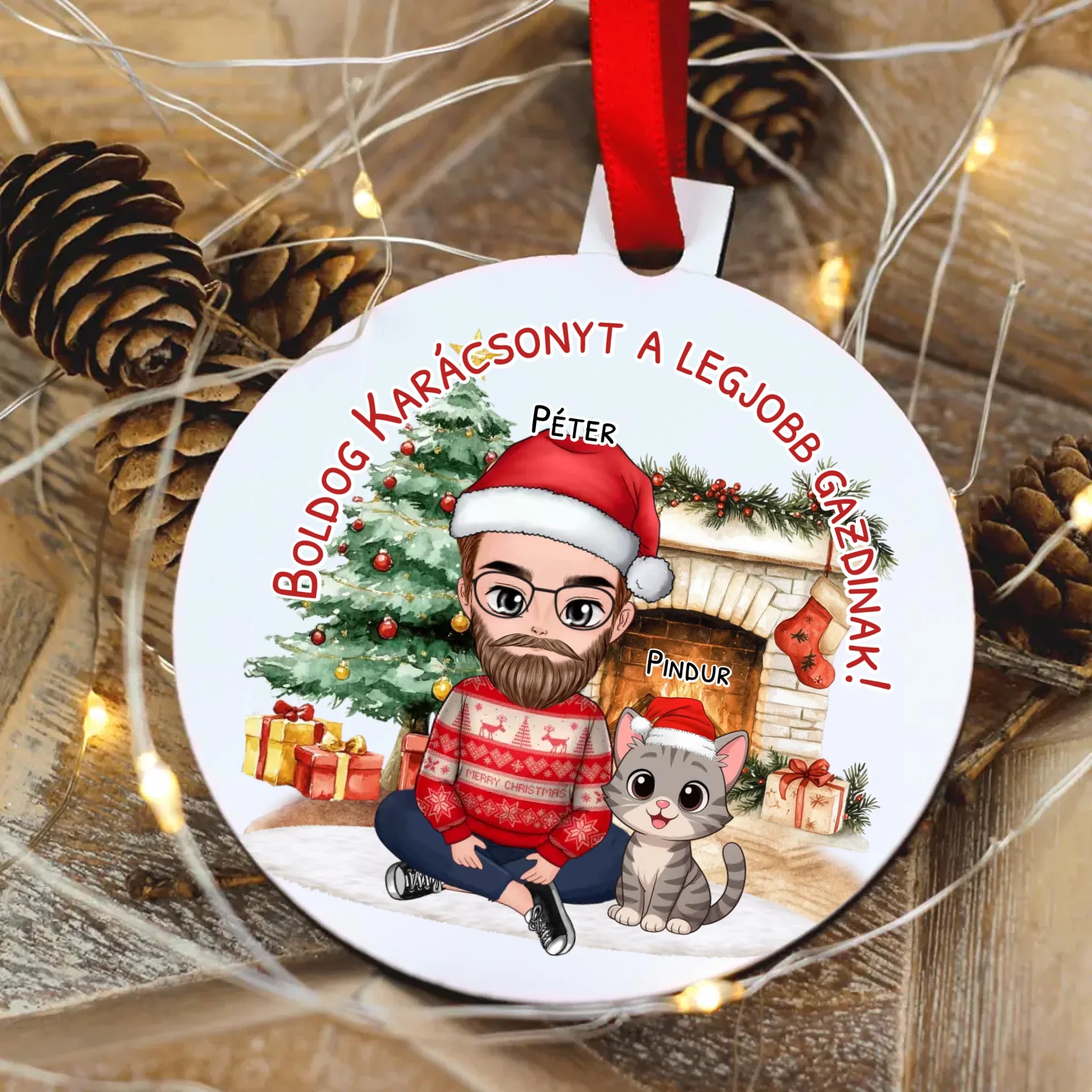 Egyedi karácsonyfadísz gazdiknak - fiús mintával akár 3 macskával