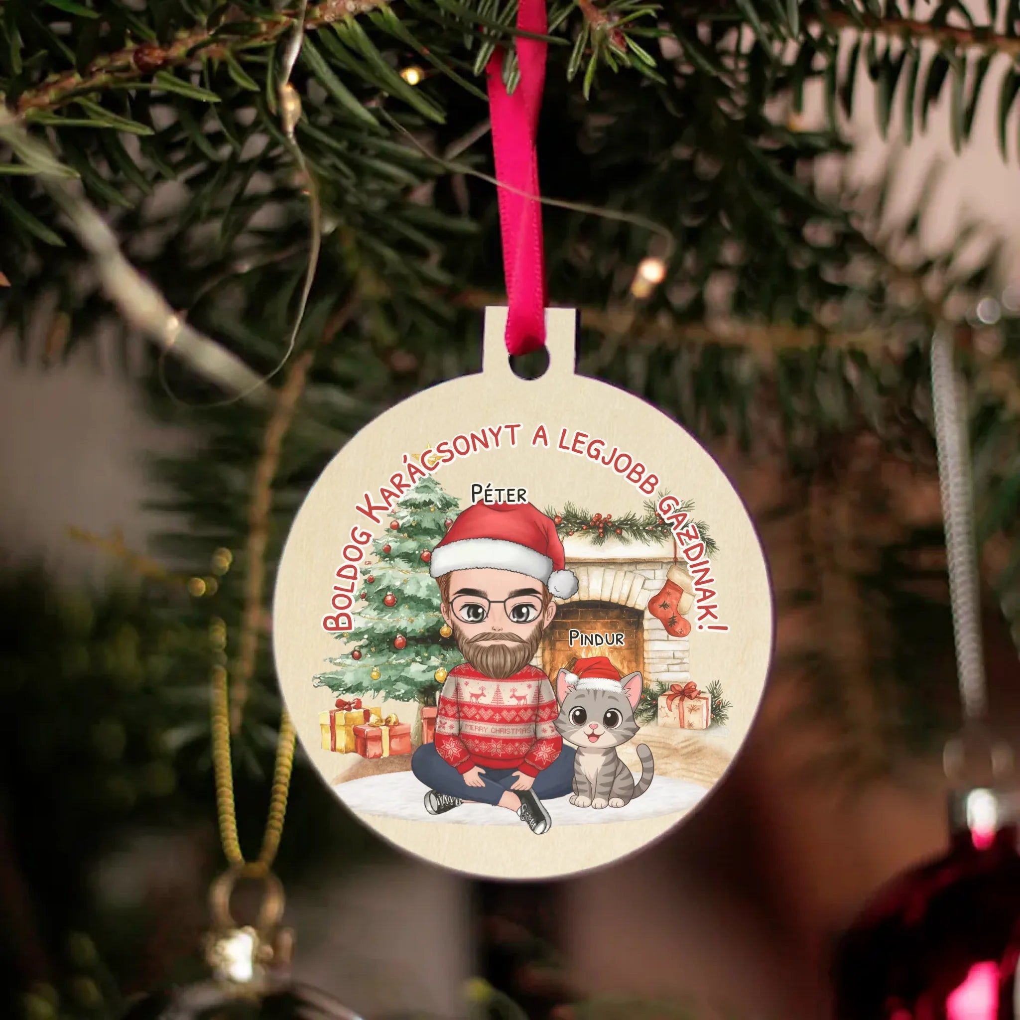 Egyedi karácsonyfadísz gazdiknak - fiús mintával akár 3 macskával