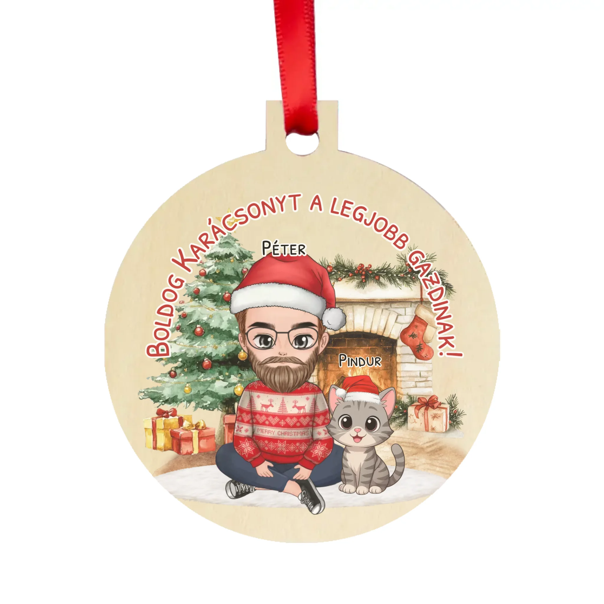 Egyedi karácsonyfadísz gazdiknak - fiús mintával akár 3 macskával