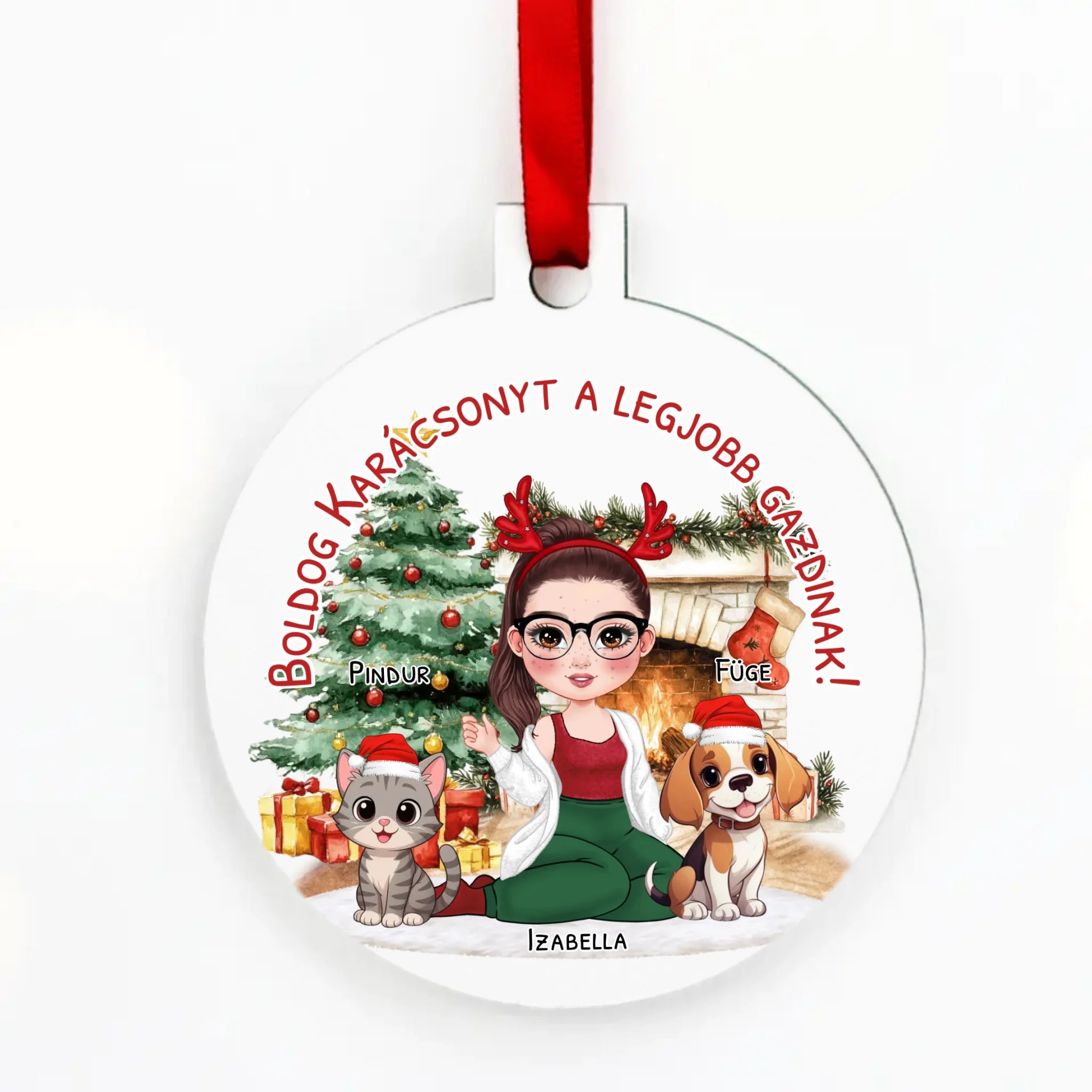 Egyedi karácsonyfadísz gazdiknak - lányos mintával akár kutyával és macskával