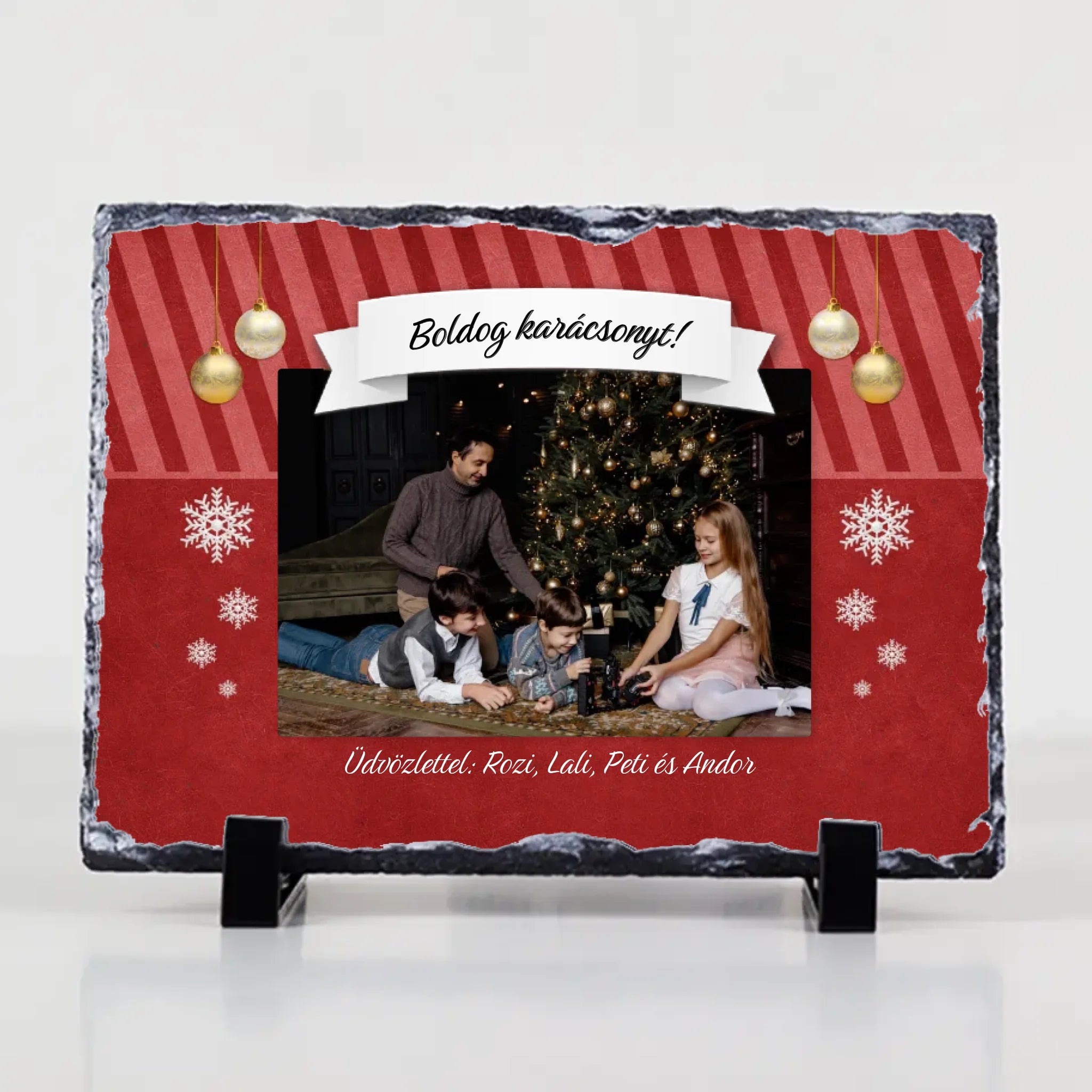 Karácsonyi gránitlap felirattal egyedi névvel és fotóval