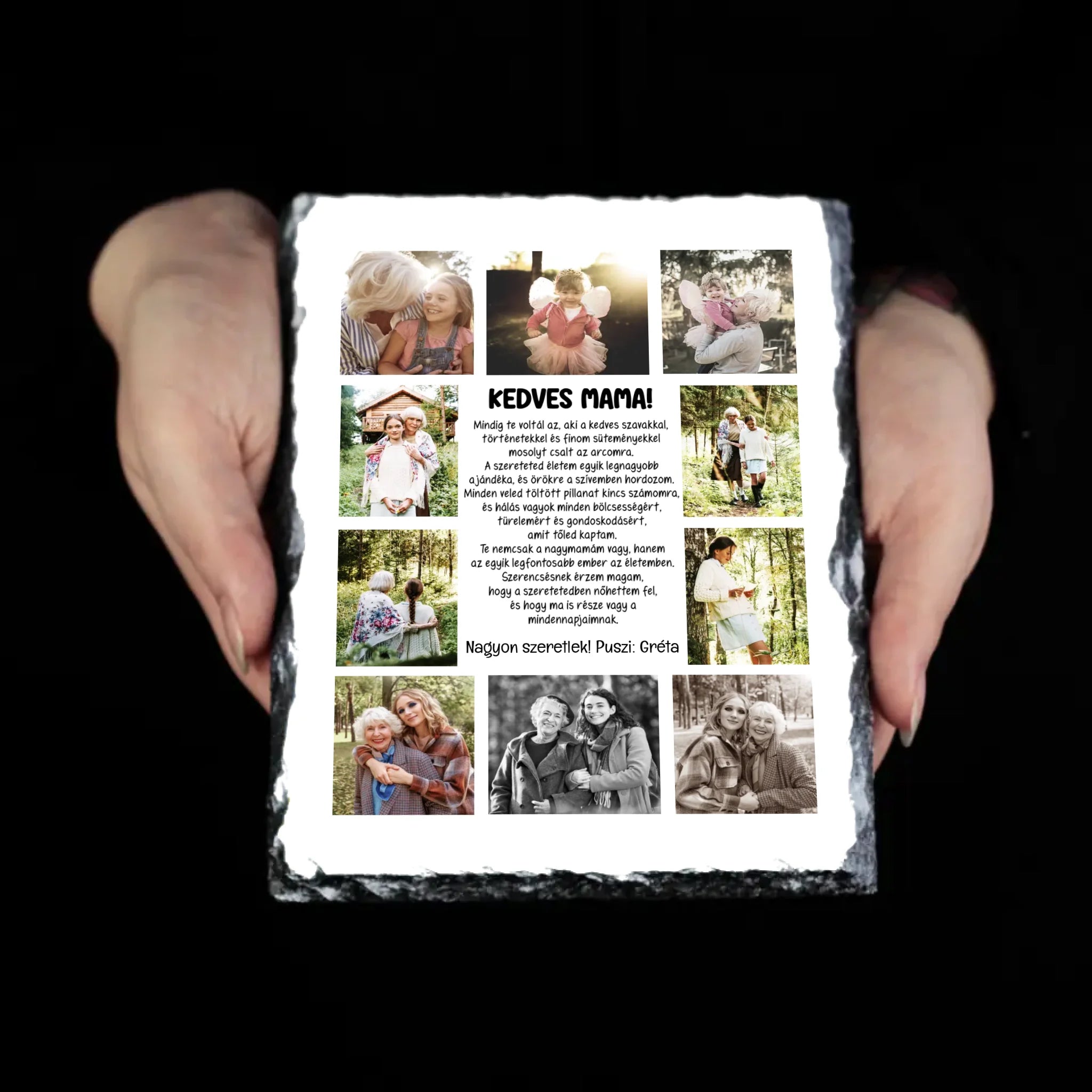 10 fényképes fotókollázs gránitkő - egyedi ajándék nagymamáknak