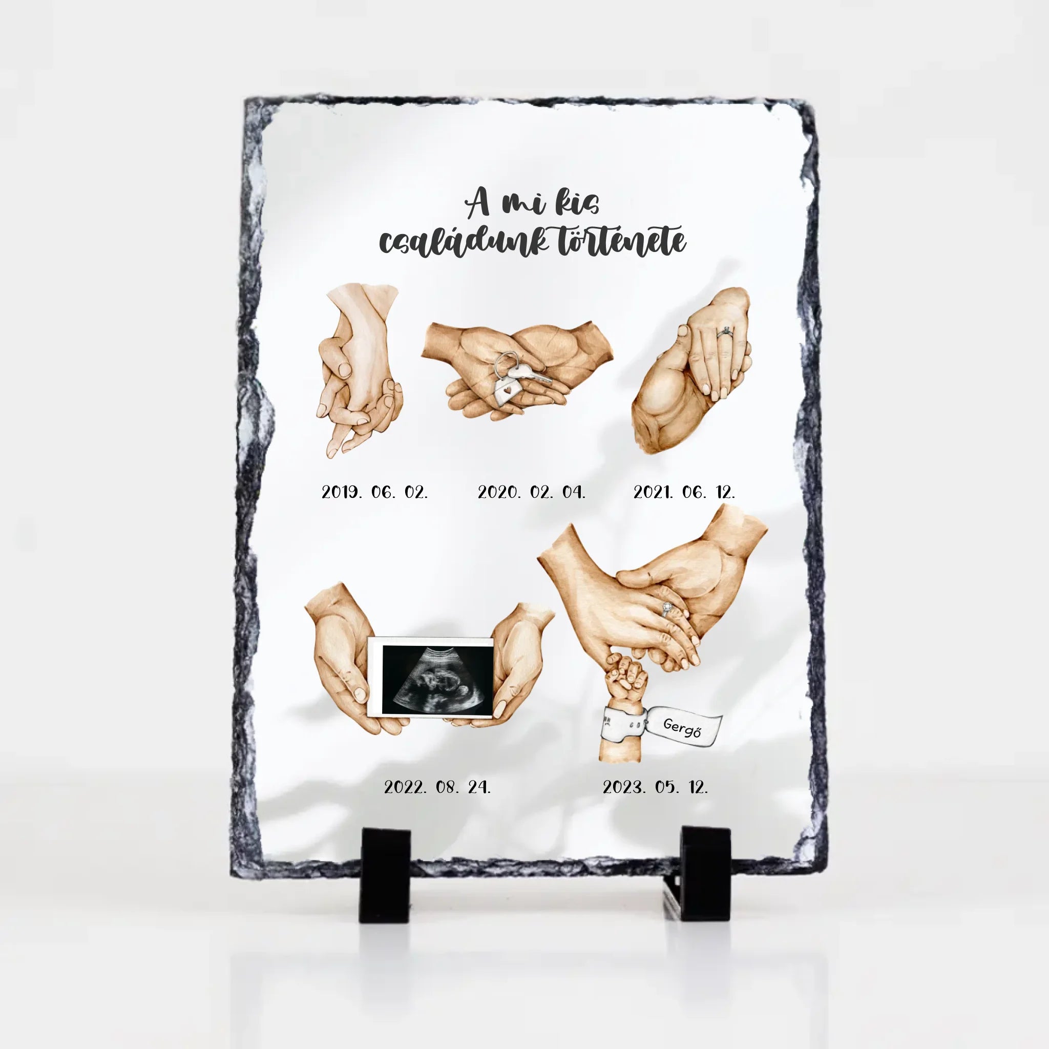 A mi kis családunk története gránitlap egyedi dátummal és fotóval